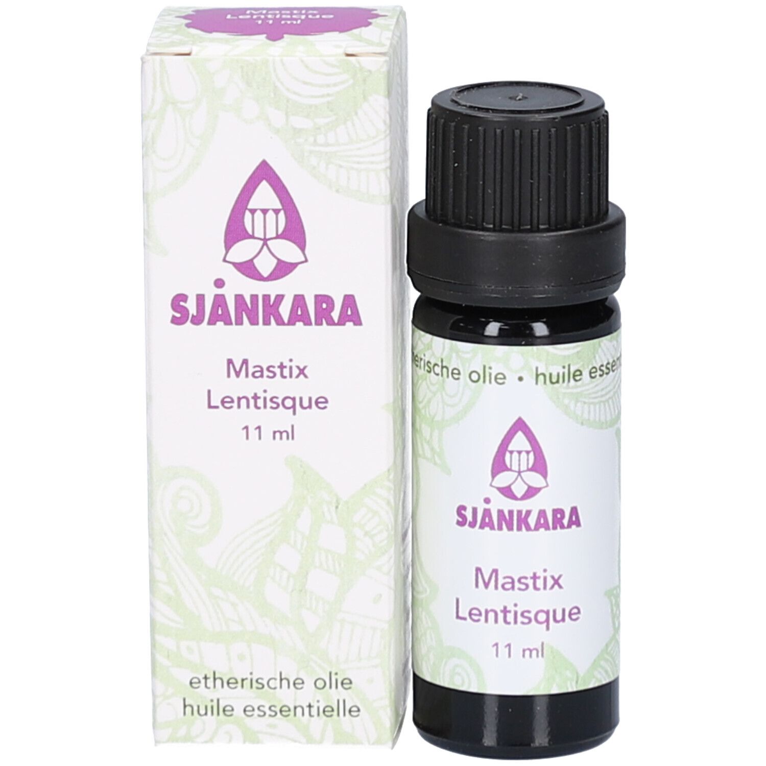 Flacon en verre brun avec bouchon noir et carton. Carton et flacon avec texte: Sjankara, Mastix Lentisque, 11 ml.