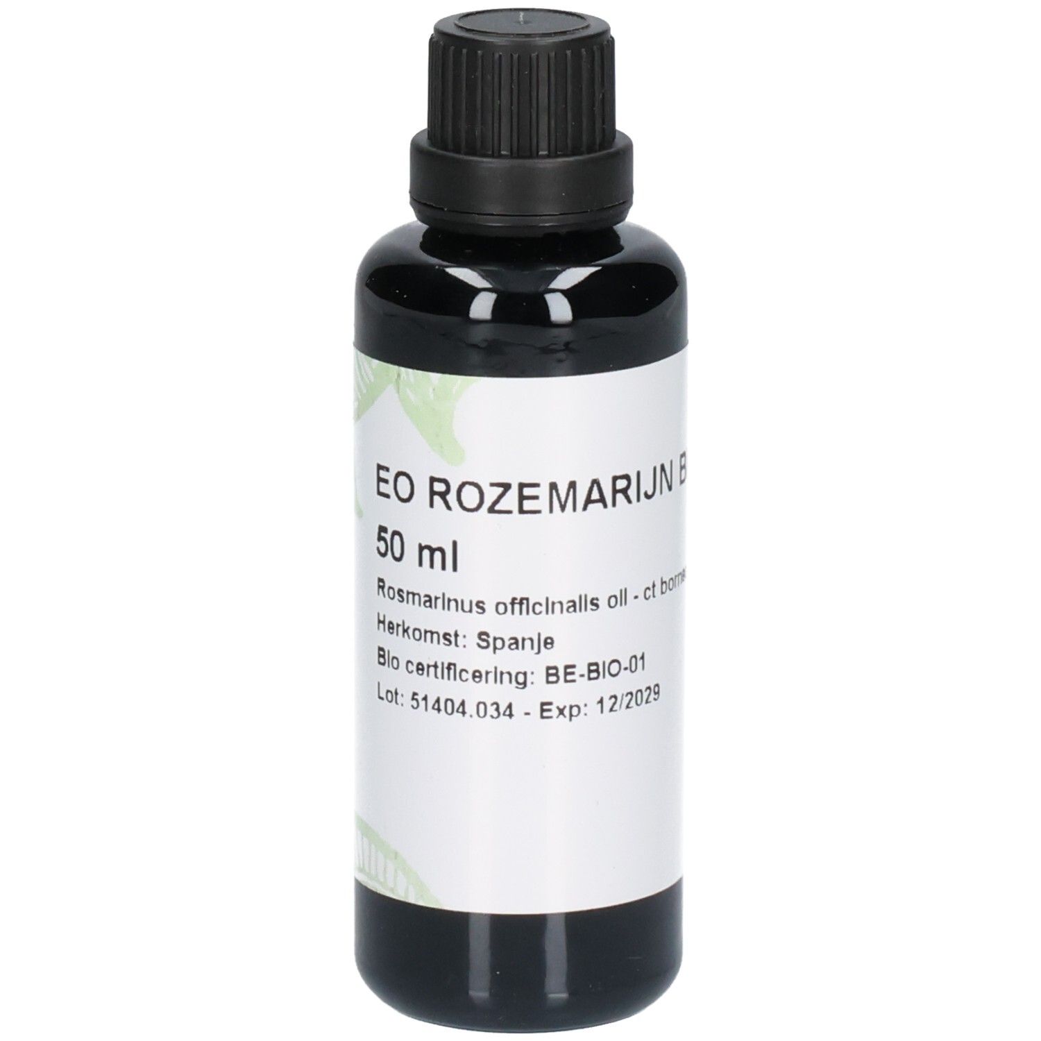Flacon en verre foncé avec bouchon noir. Étiquette avec texte: EO Rozemarijn, 50 ml, Origine: Spanje, certification bio.
