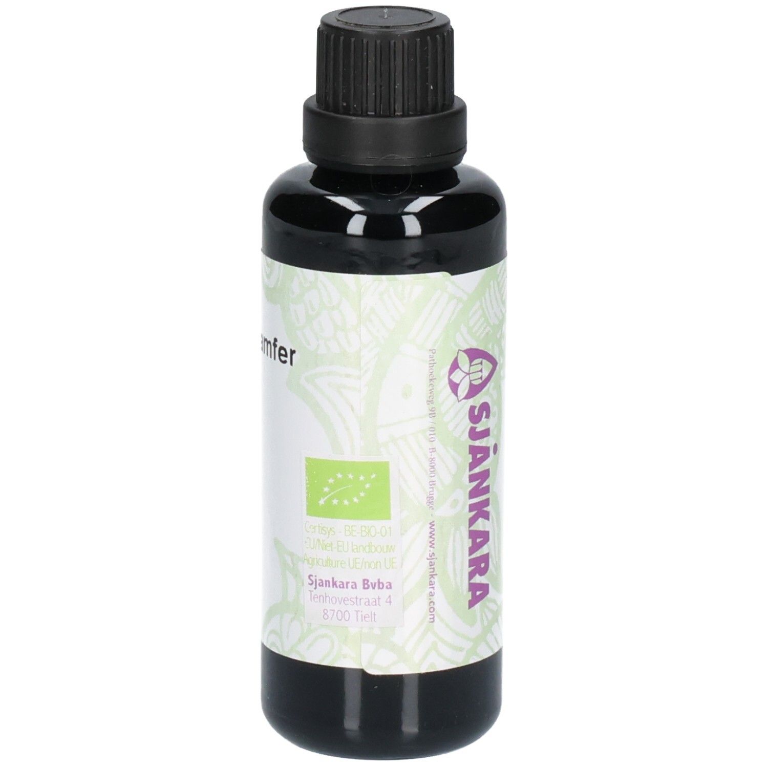Flacon en verre foncé avec bouchon noir. Étiquette avec texte: Bio, SJANKARA, EO Kamfer, adresse, certification bio.