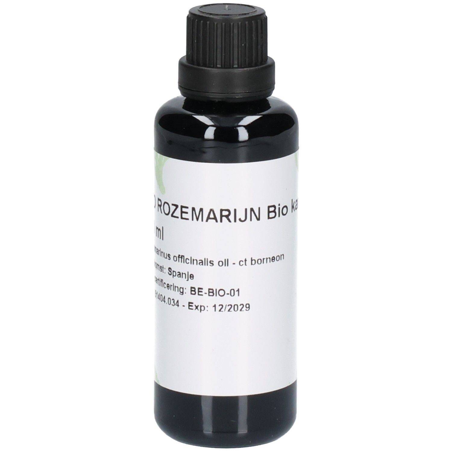 Flacon en verre foncé avec bouchon noir. Étiquette avec texte: EO Rozemarijn Bio kamfer, 50 ml, Origine: Spanje, certification bio.