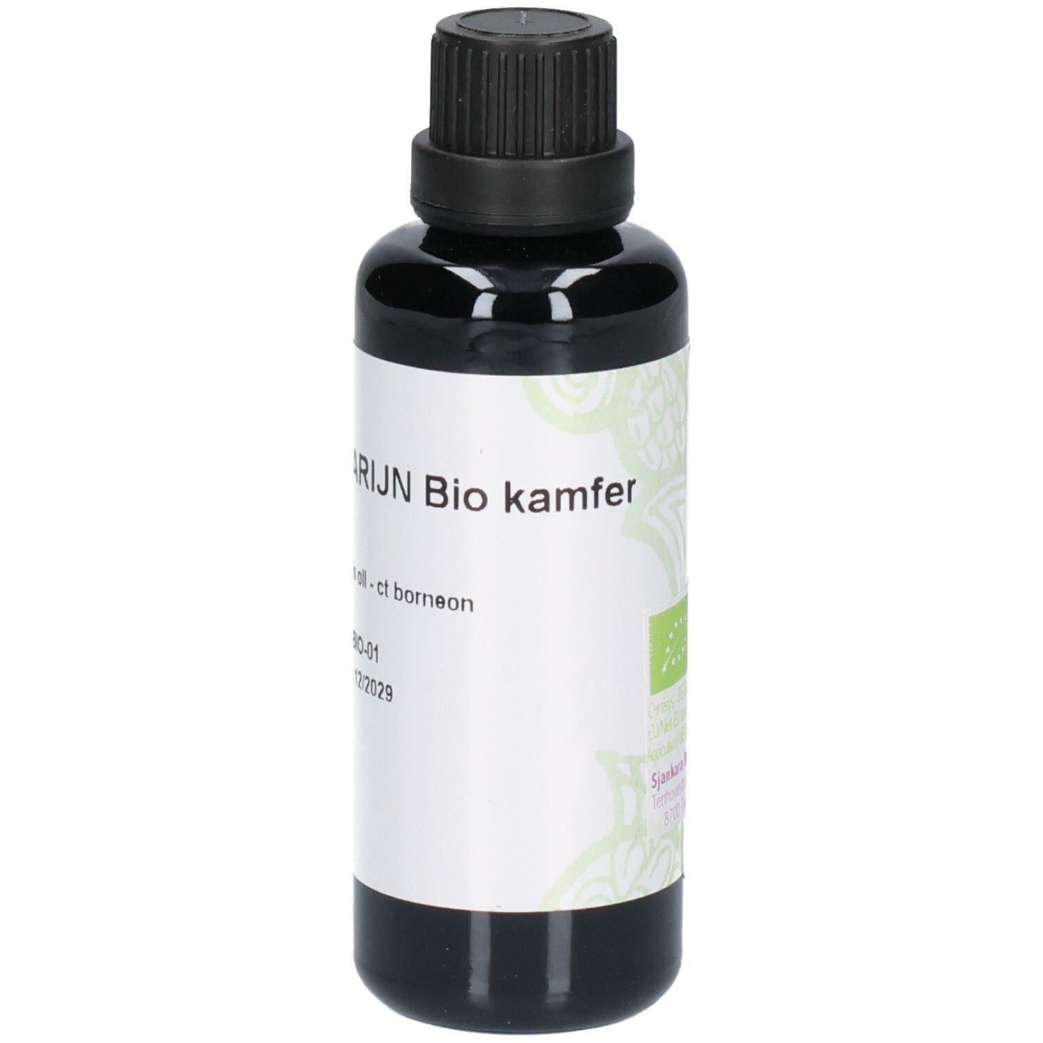 Flacon en verre foncé avec bouchon noir. Étiquette avec texte: Rozemarijn Bio kamfer, certification bio.