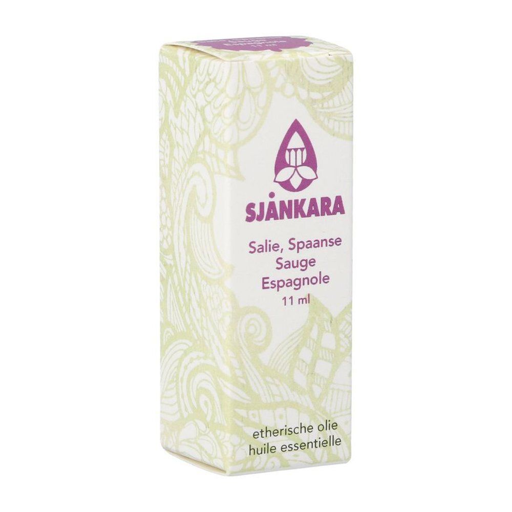 Doos met bloemmotief. Opdruk: Sjnkara, Salie, Sauge Espagnole, 11 ml. Tekst: etherische olie, huile essentielle.