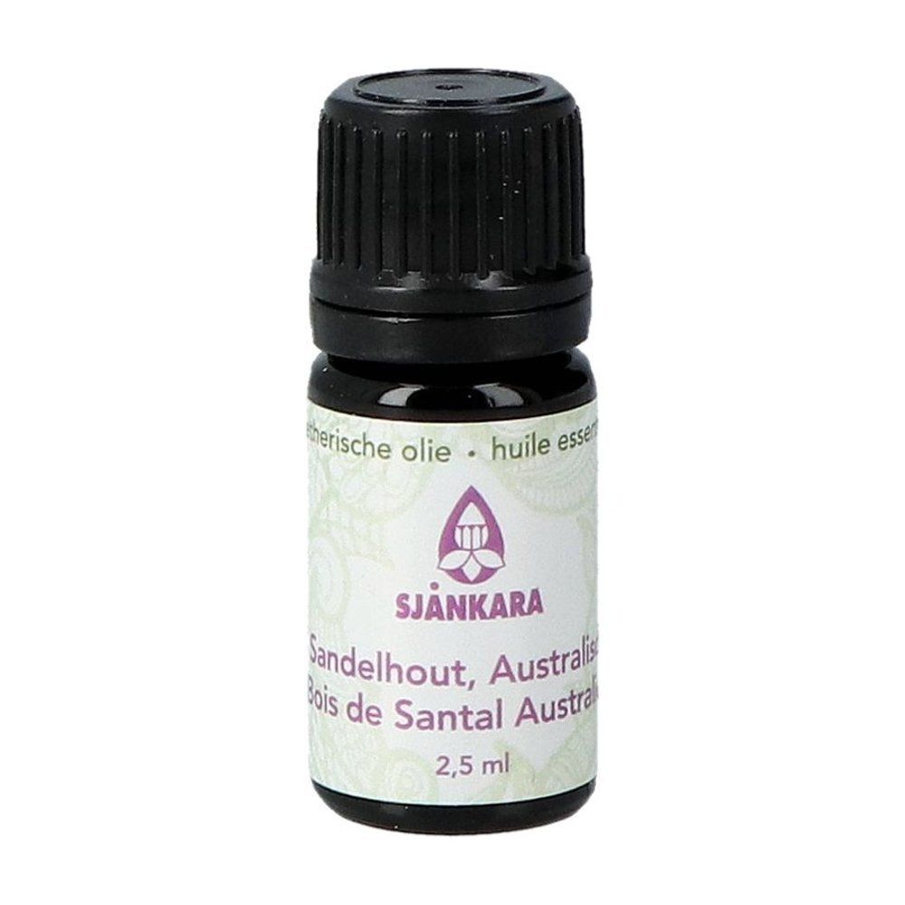 Petit flacon d'huile essentielle. Inscription: Sjankara Sandelhout Australienne Huile essentielle bio. 2,5 ml.