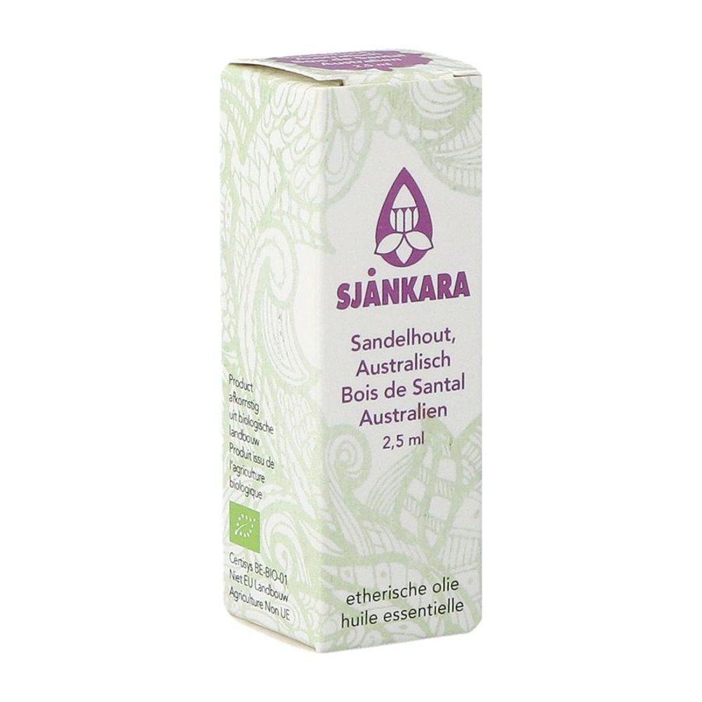 Doos met opschrift: Sjankara Sandelhout Australienne Huile essentielle bio. 2,5 ml. Met bio-label.