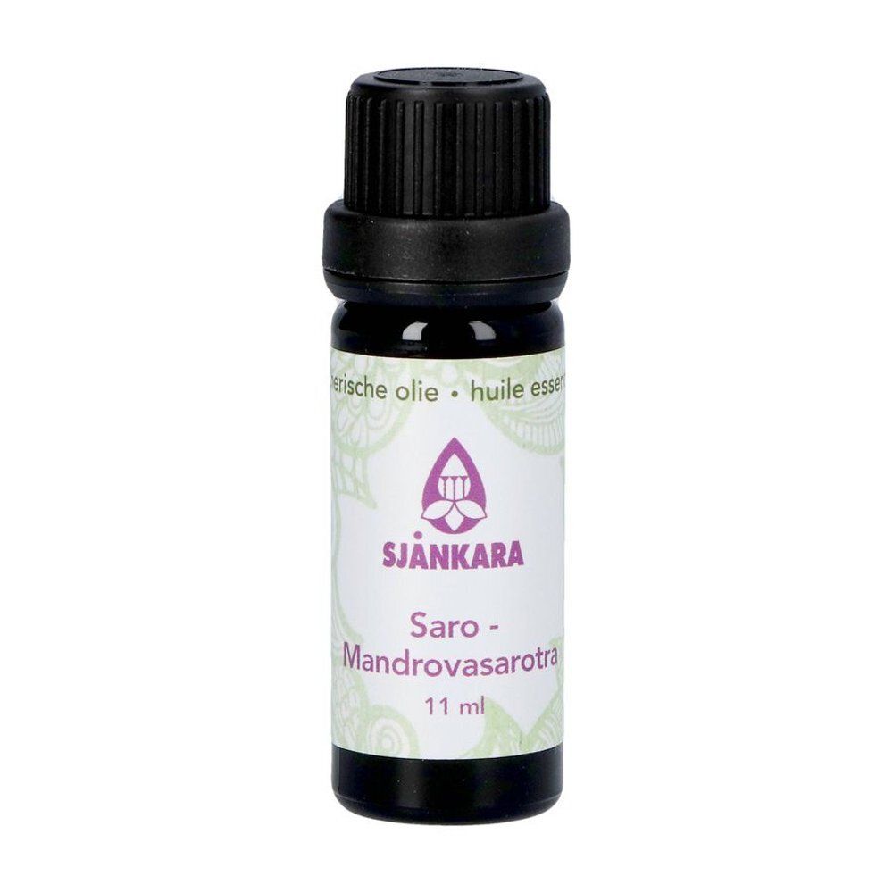 Bruine glazen fles met zwarte dop en etiket. Opschrift: Sjankara, Saro Mandrovasarotra, 11 ml.