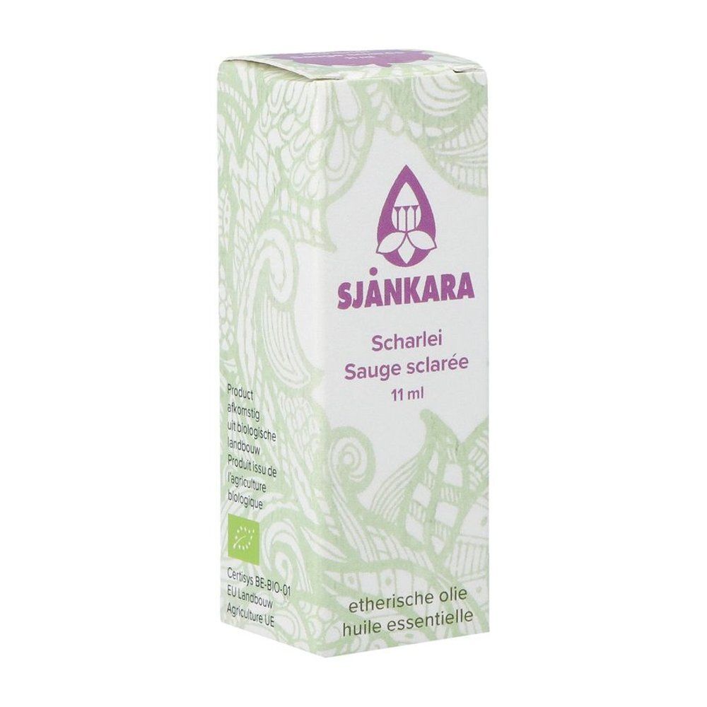 Verpakking met paars logo en tekst. "Sjankara Scharlei Sauge sclarée". Bio-certificering. 11 ml.