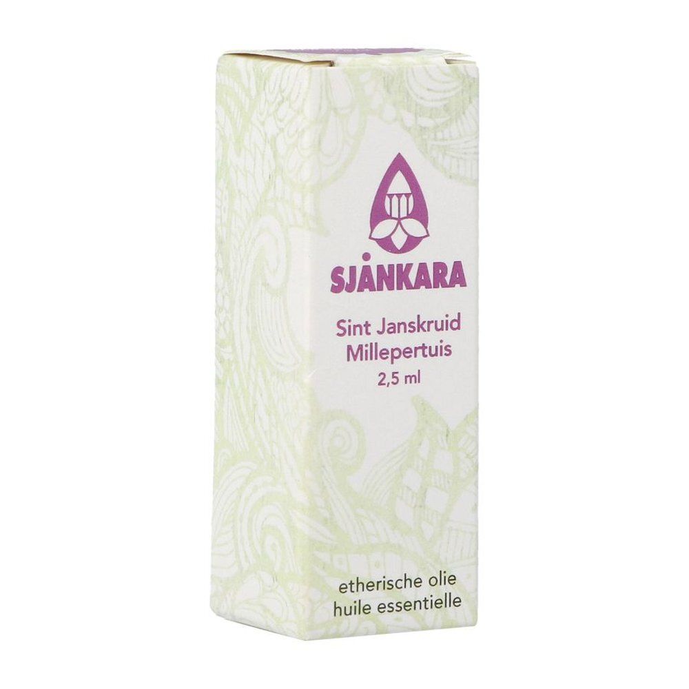 Emballage du produit. Blanc avec logo et texte : Sint Janskruid Millepertuis, 2,5 ml. Motif floral.