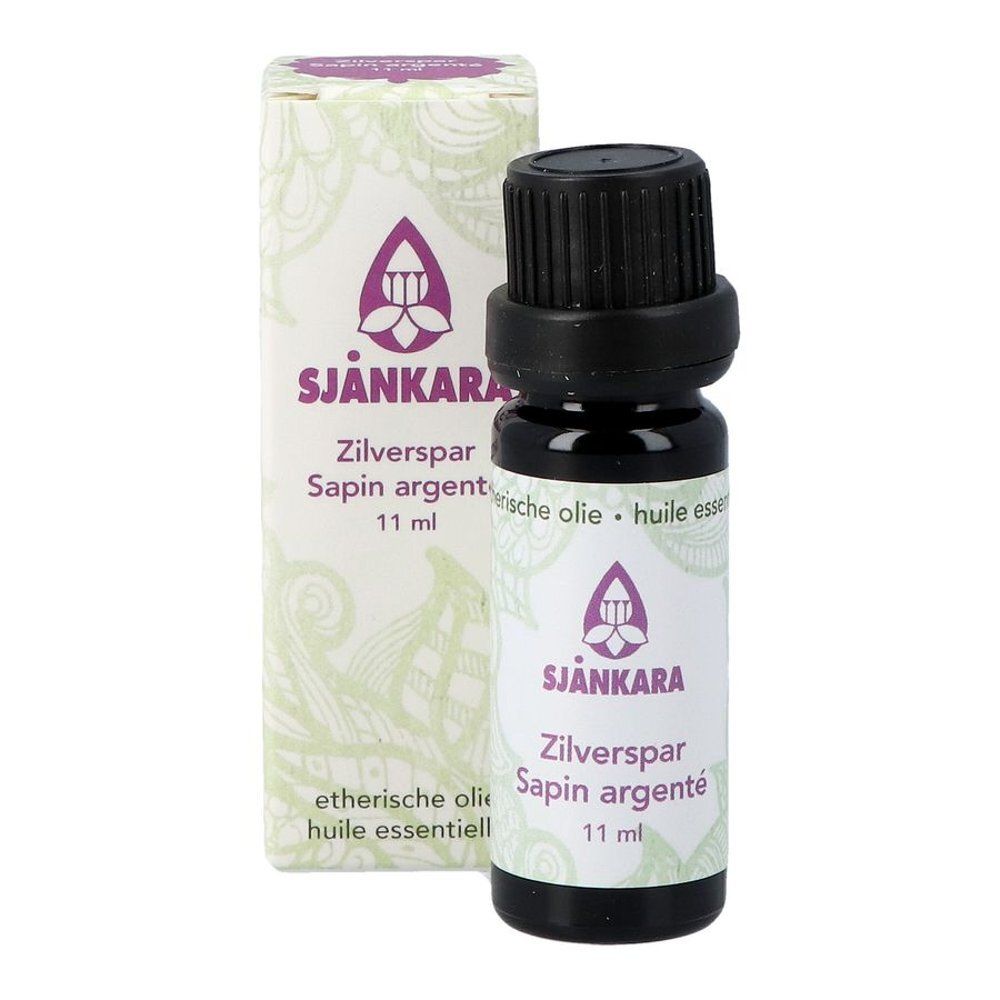 Flesje etherische olie en doos. Opschrift: SJANKARA, Zilverspar Sapin argenté, 11 ml.