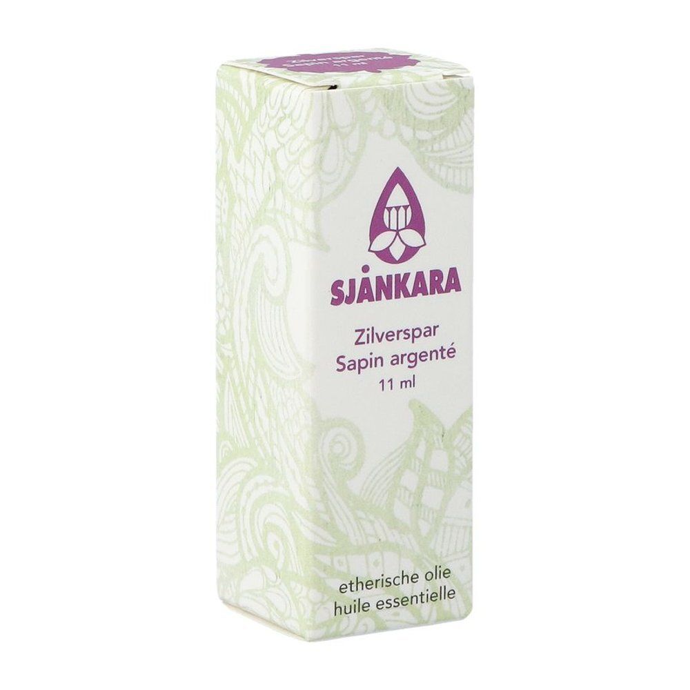 Doos voor etherische olie. Opschrift: SJANKARA, Zilverspar Sapin argenté, 11 ml.
