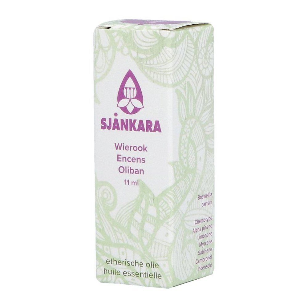 Emballage du produit avec texte et logo. Sur l'emballage: Wierook, Encens, Oliban, 11 ml. Logo violet.