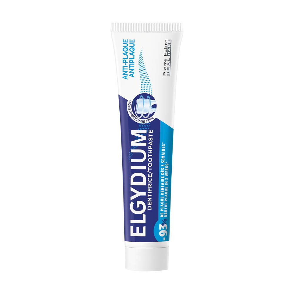 Tandpastatube. Blauw en wit. Opschrift: ELGYDIUM DENTIFRICE/TOOTHPASTE, ANTI-PLAQUE. Pierre Fabre Oral Care.