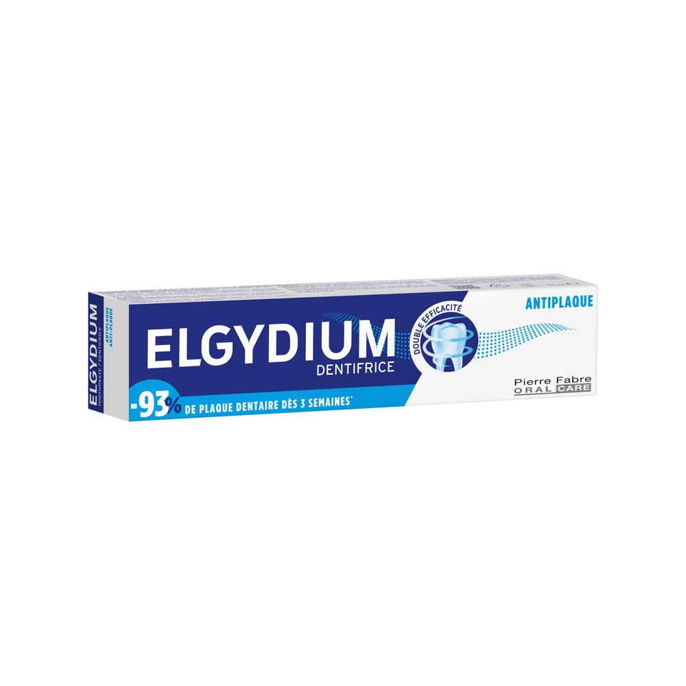 Tandpastadoos. Blauw en wit. Opschrift: ELGYDIUM DENTIFRICE, ANTI-PLAQUE. Pierre Fabre Oral Care.