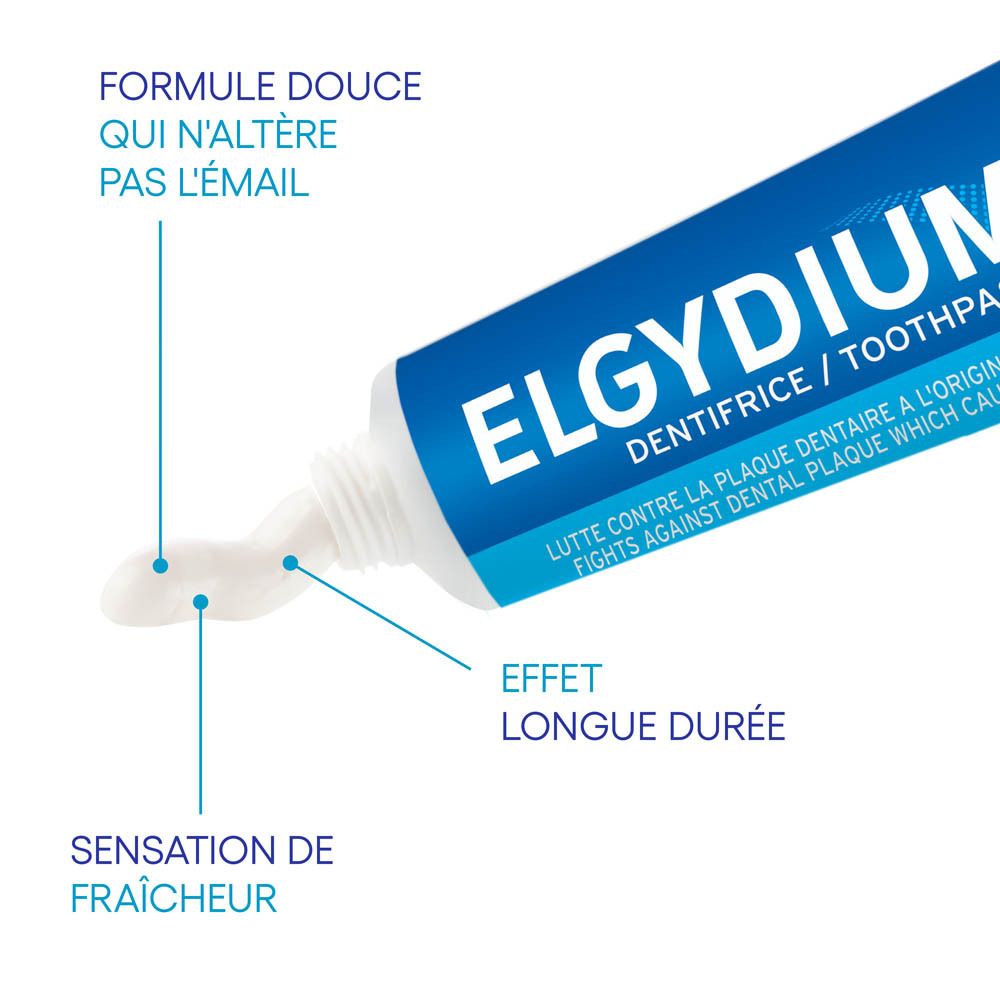 Tube de dentifrice ELGYDIUM. Le dentifrice sort du tube. Texte: effet, fraîcheur.