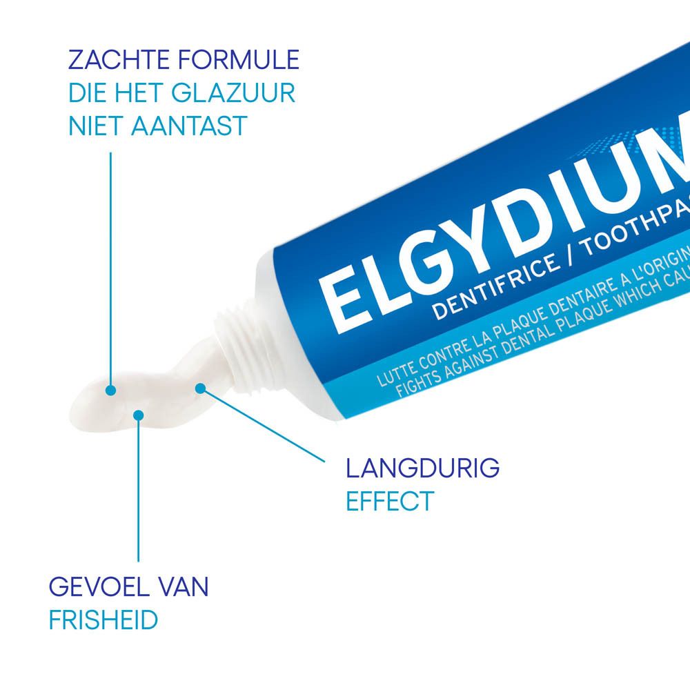 Tandpasta tube. ELGYDIUM. Tandpasta komt uit de tube. Tekst: effect, frisheid.