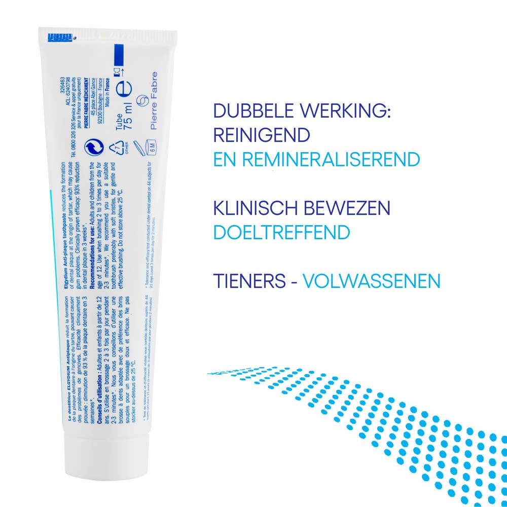 Achterkant van de tandpasta tube. Tekst: dubbele werking, klinisch bewezen, tieners en volwassenen.