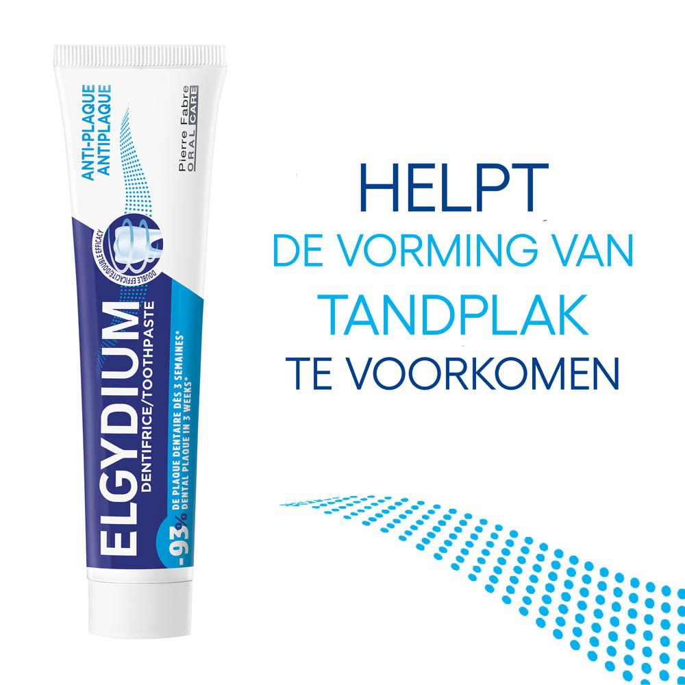 Tandpastatube. Blauw en wit. Opschrift: ELGYDIUM DENTIFRICE/TOOTHPASTE, ANTI-PLAQUE. Pierre Fabre Oral Care.