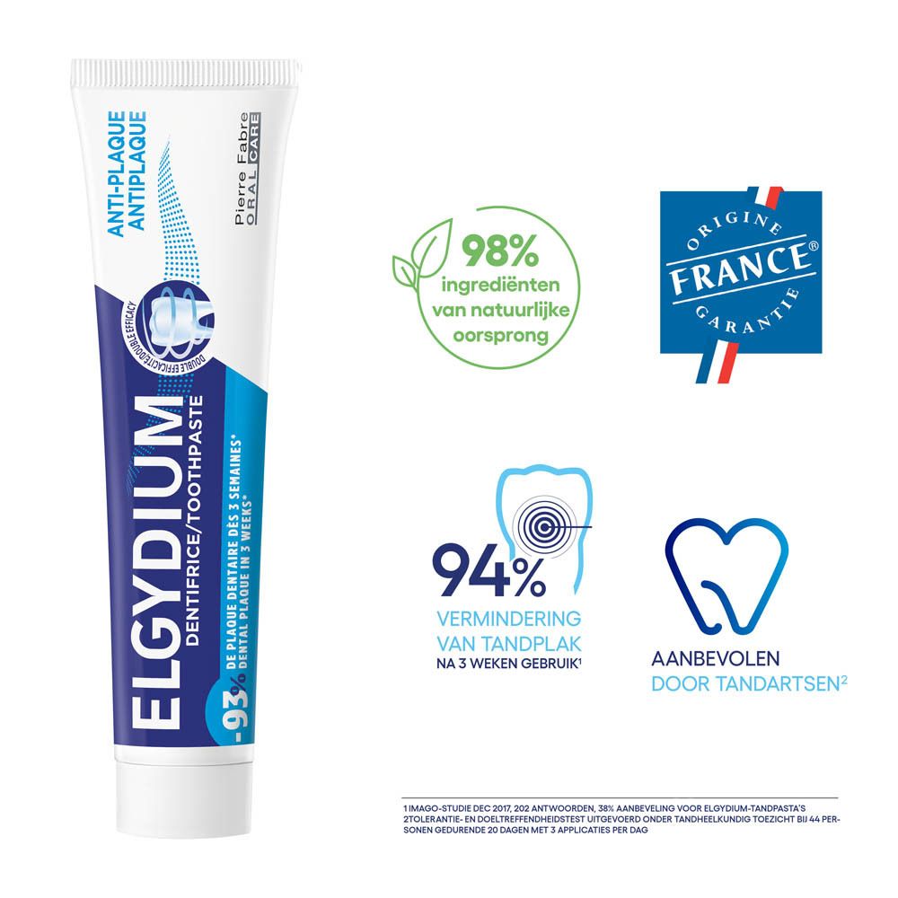 Tandpastatube. Blauw en wit. Opschrift: ELGYDIUM DENTIFRICE/TOOTHPASTE, ANTI-PLAQUE. Pierre Fabre Oral Care.