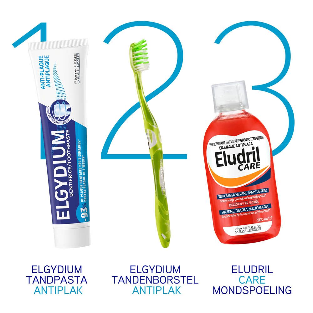 Tandpastatube. Blauw en wit. Opschrift: ELGYDIUM DENTIFRICE/TOOTHPASTE, ANTI-PLAQUE. Pierre Fabre Oral Care.