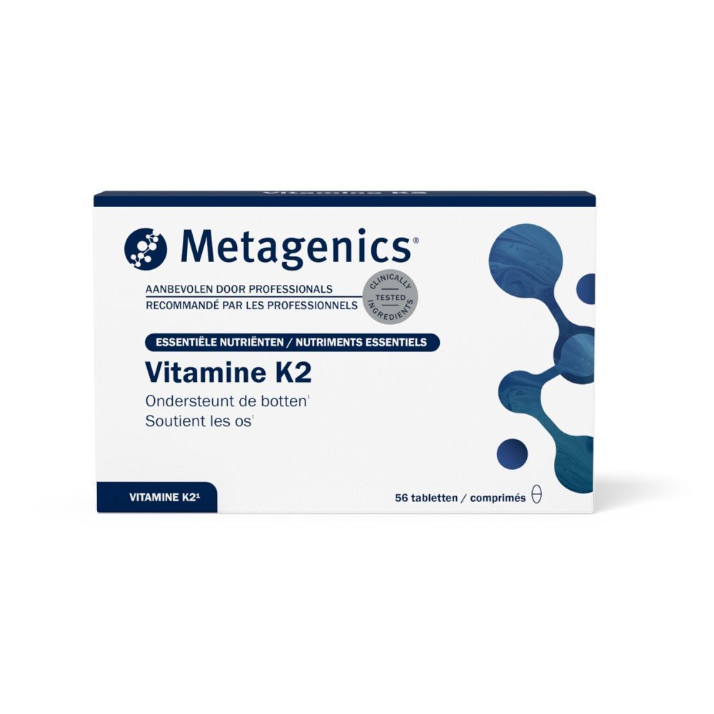 Blauwe doos met 'Metagenics' en 'Vitamine K2'. Bevat 56 tabletten. Tekst: Essentiële nutriënten.