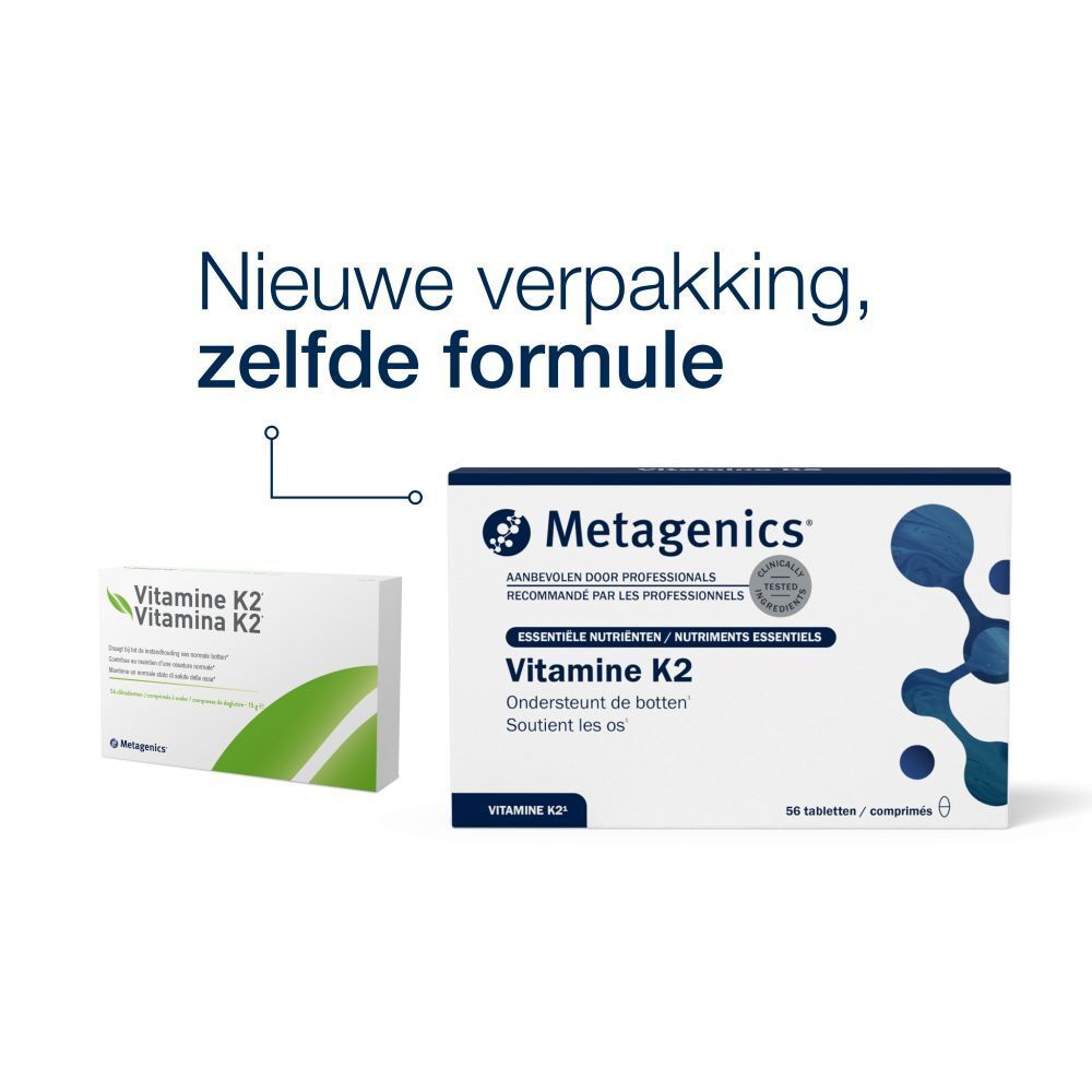 Vergelijking van twee dozen. Links: 'Vitamine K2'. Rechts: 'Metagenics' en 'Vitamine K2'. 56 tabletten.