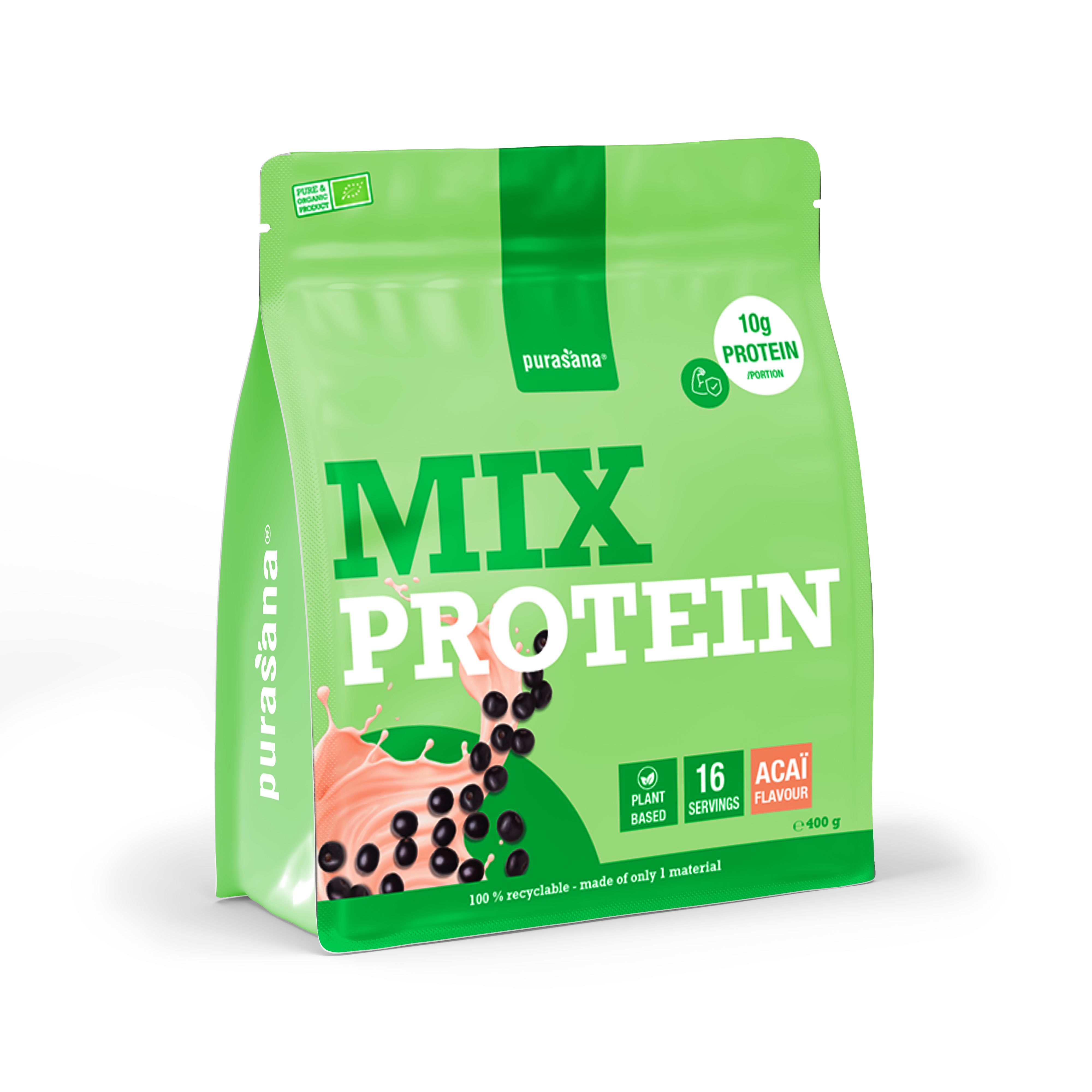 Purasana Protein Mix zakje, 100% vegan, 10g eiwit per portie, Açaí smaak.