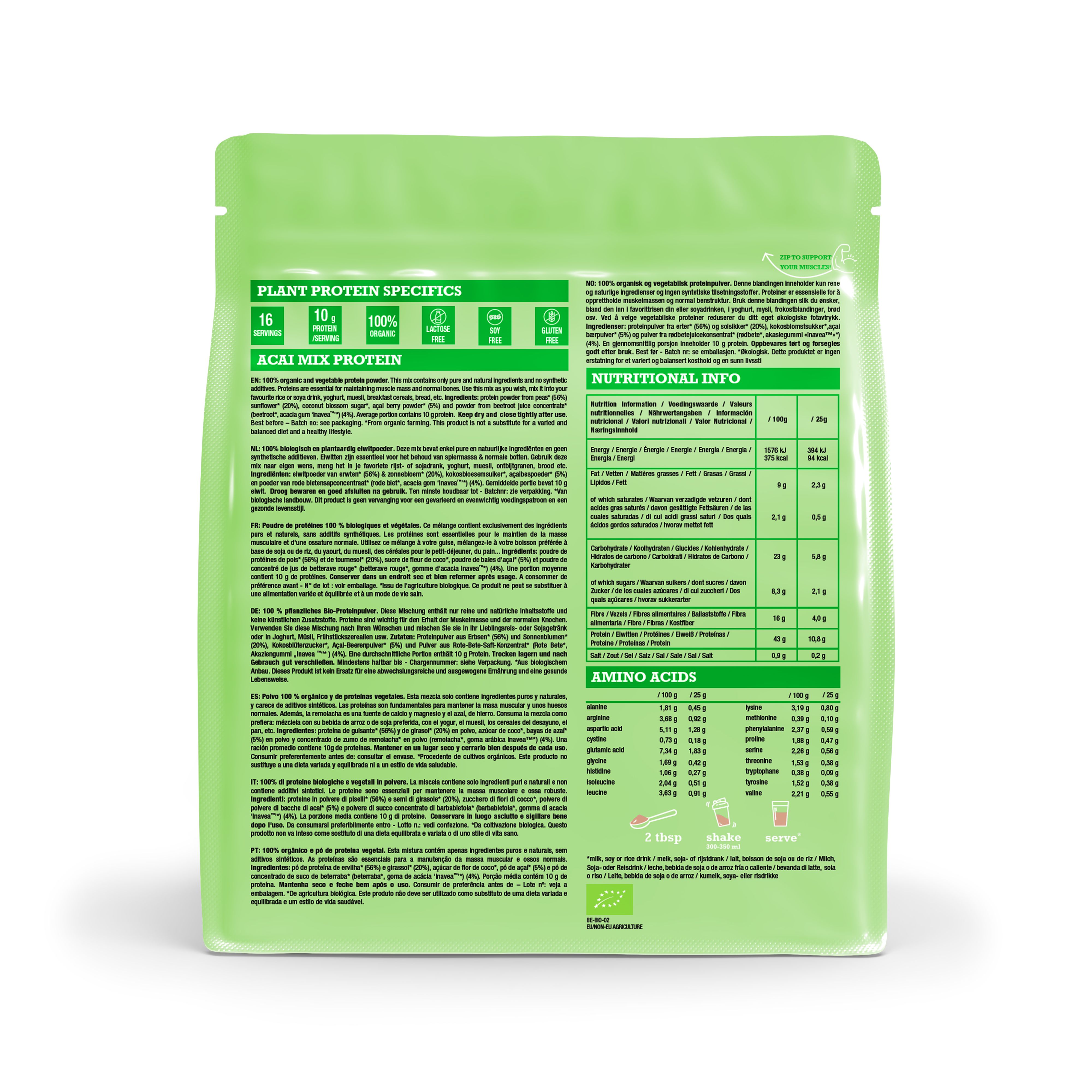 Achterkant van het Purasana Protein Mix zakje met voedingswaarden en aminozuurprofiel.