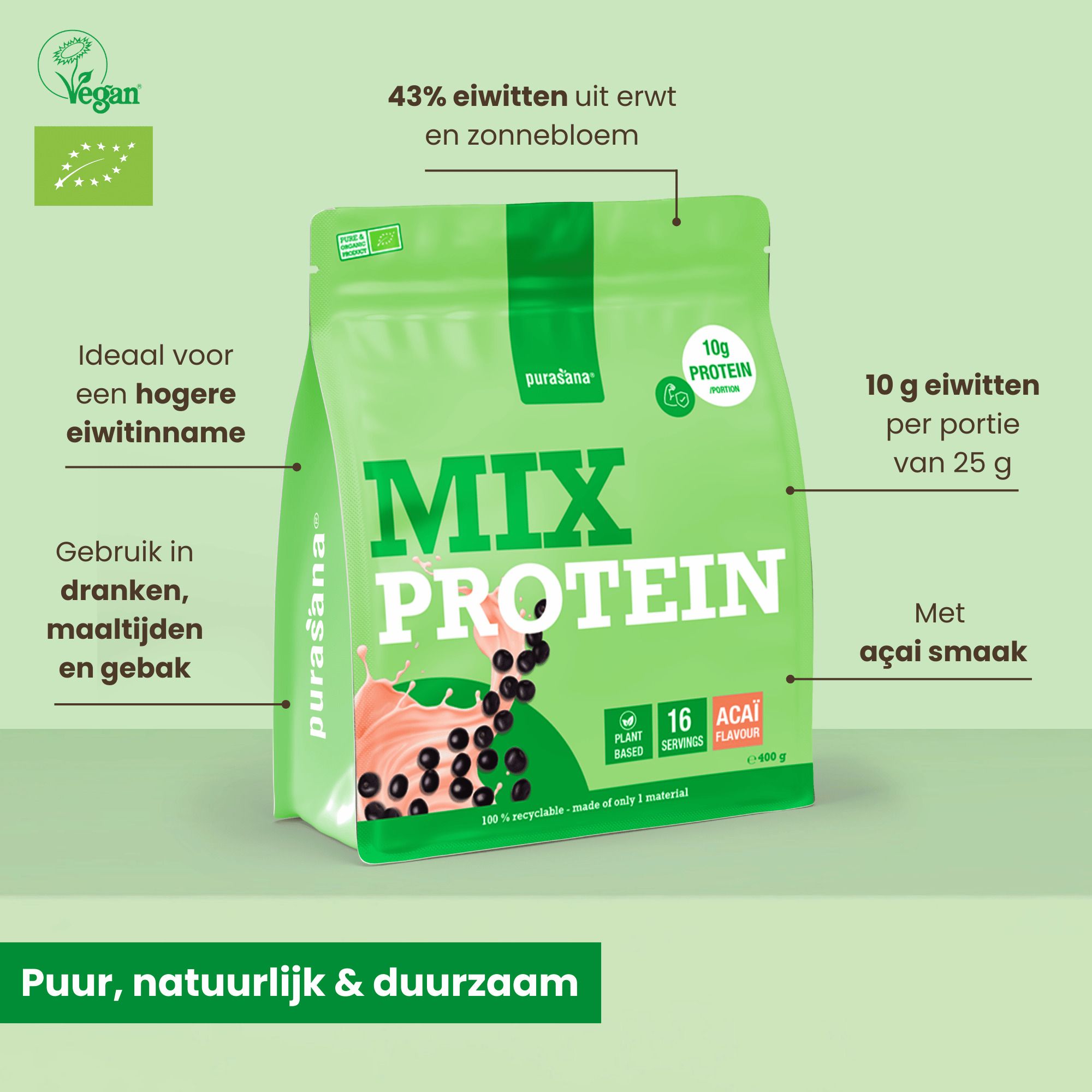 Purasana Protein Mix zakje met highlights over ingrediënten en gebruik.