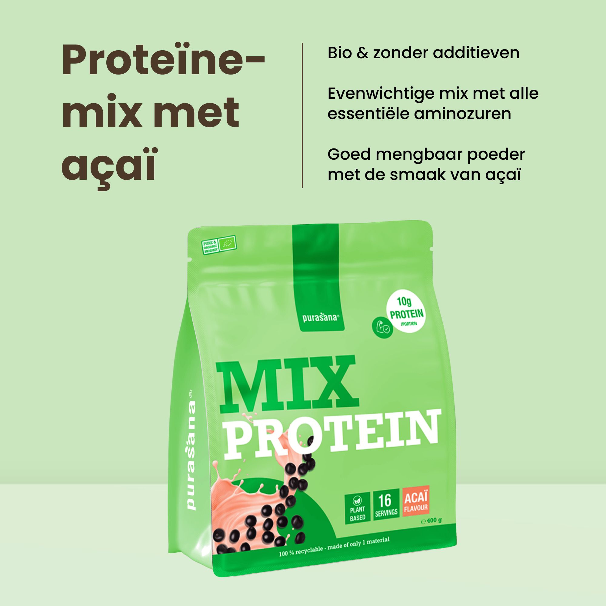 Purasana Protein Mix met açaí: Biologisch, zonder toevoegingen, uitgebalanceerde eiwitten.