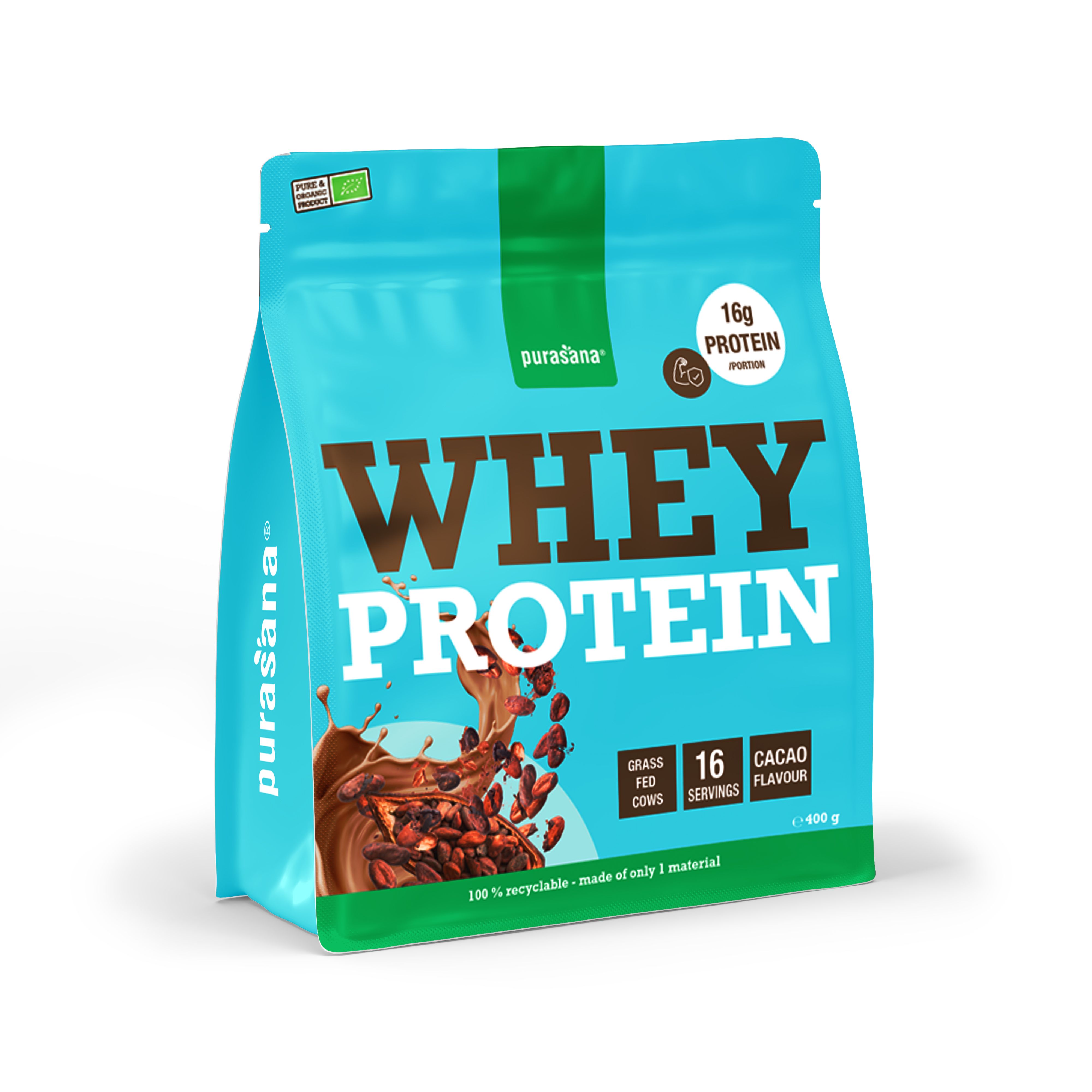 Purasana Whey Proteïne Cacao, voorkant van de lichtblauwe verpakking met cacaoplaatje.