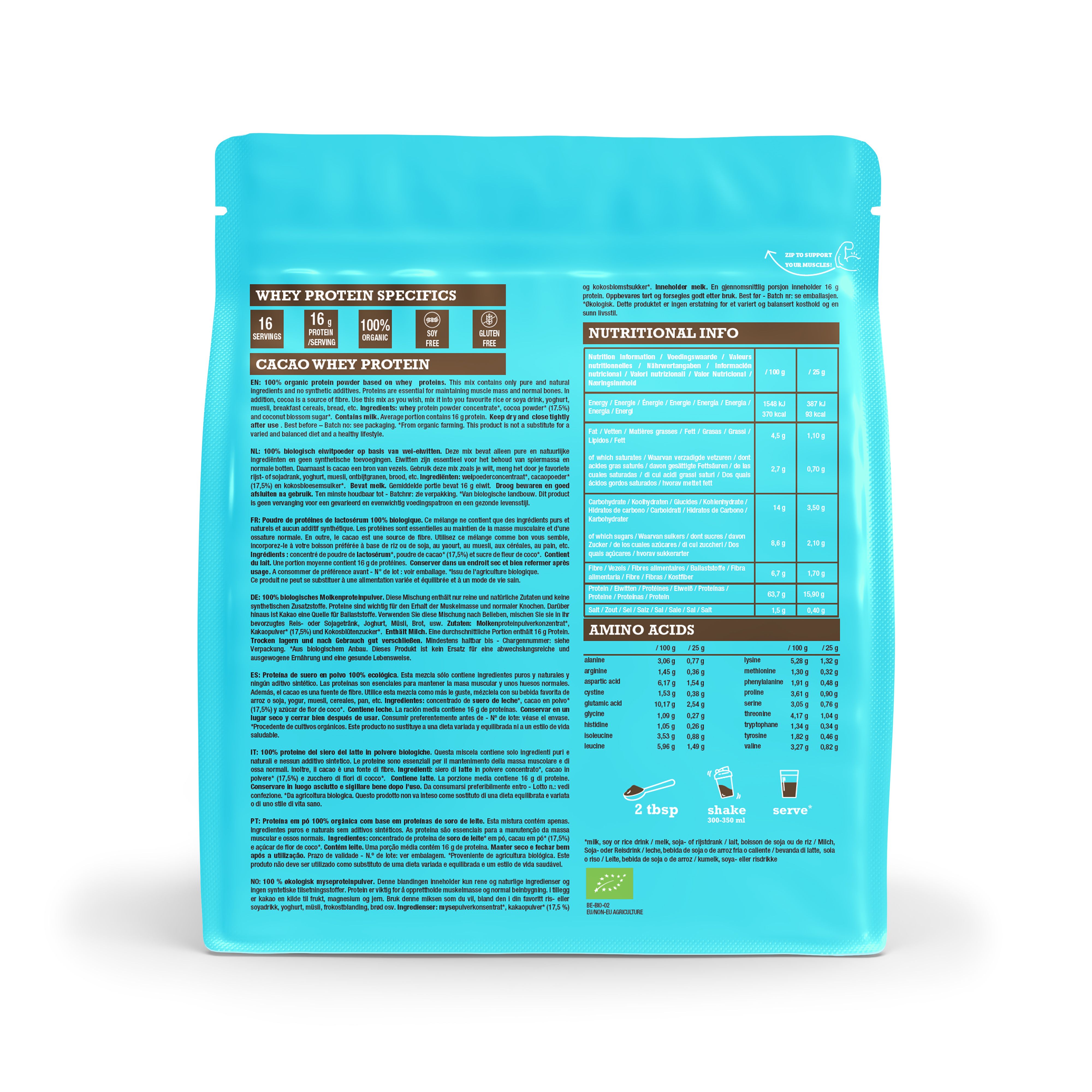 Purasana Whey Proteïne Cacao, zijaanzicht van de lichtblauwe verpakking.