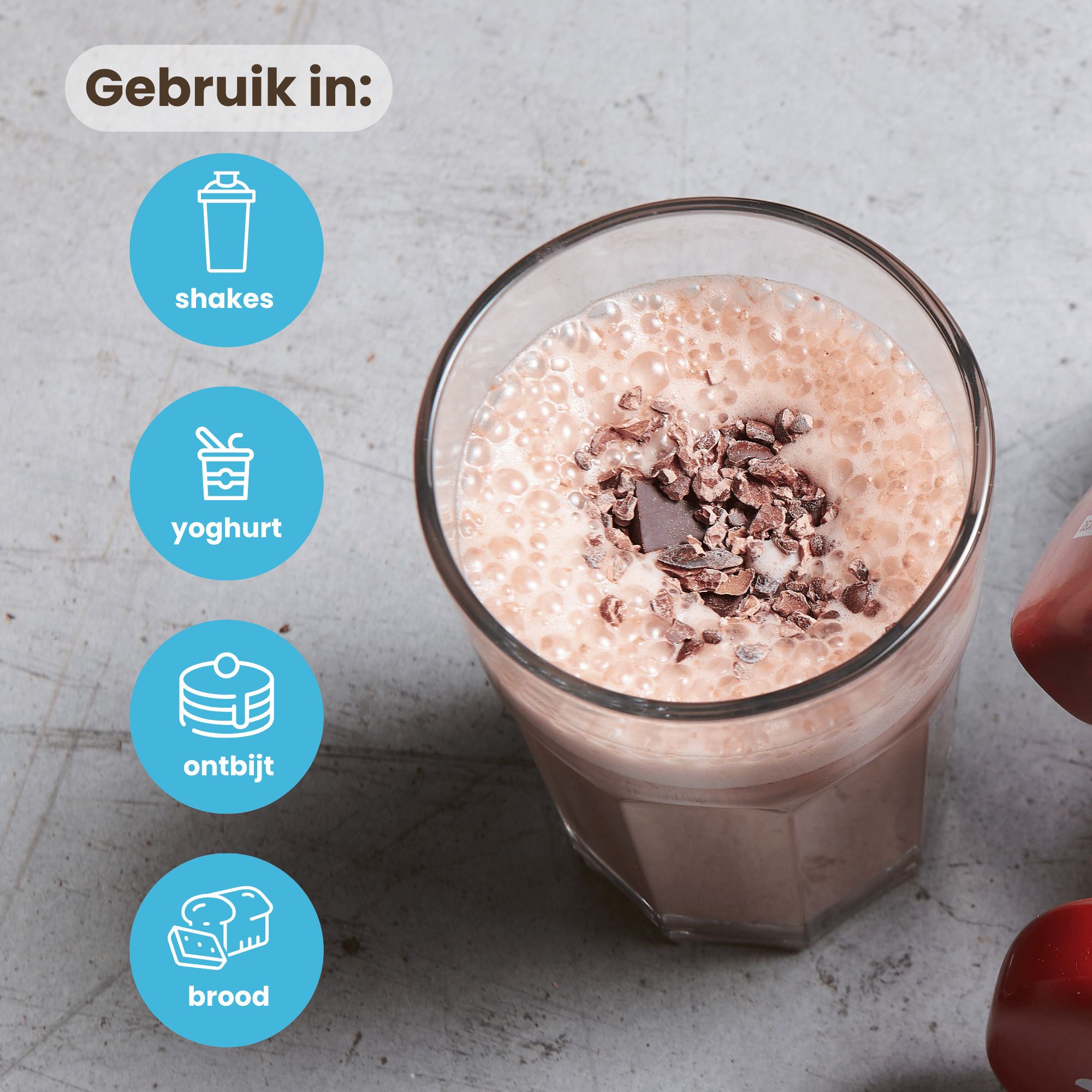 Purasana Whey Proteïne Cacao, voorkant van de lichtblauwe verpakking met cacaoplaatje.