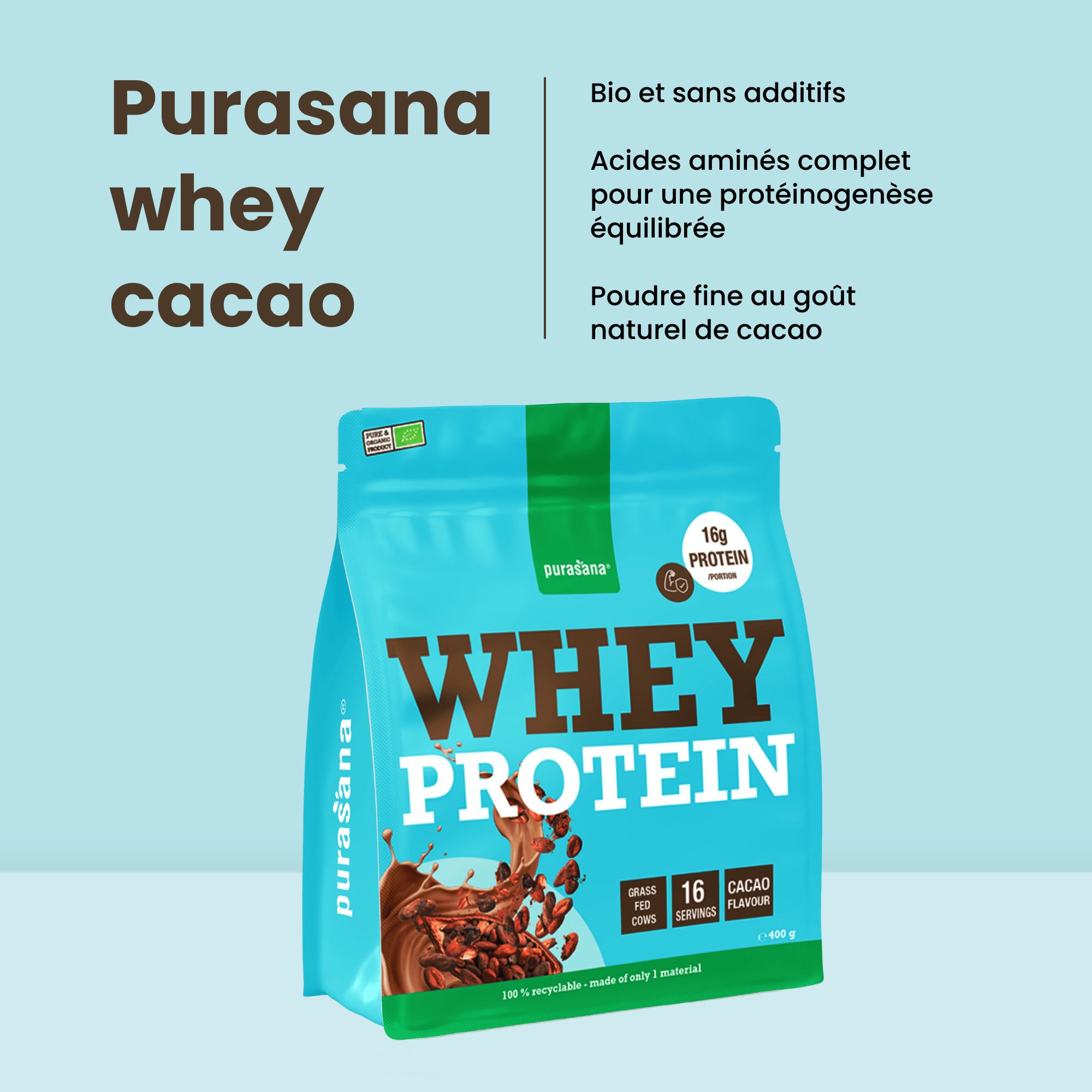 Poudre de protéine de lactosérum Purasana Cacao, face avant de l'emballage bleu clair avec illustration de cacao.