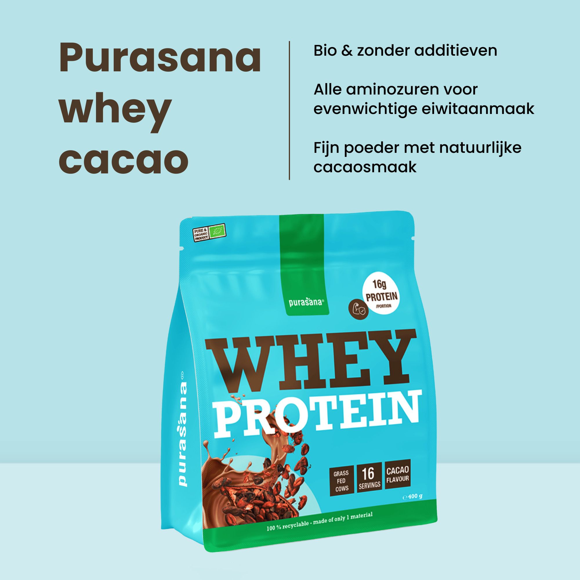 Purasana Whey Proteïne Cacao, voorkant van de lichtblauwe verpakking met cacaoplaatje.