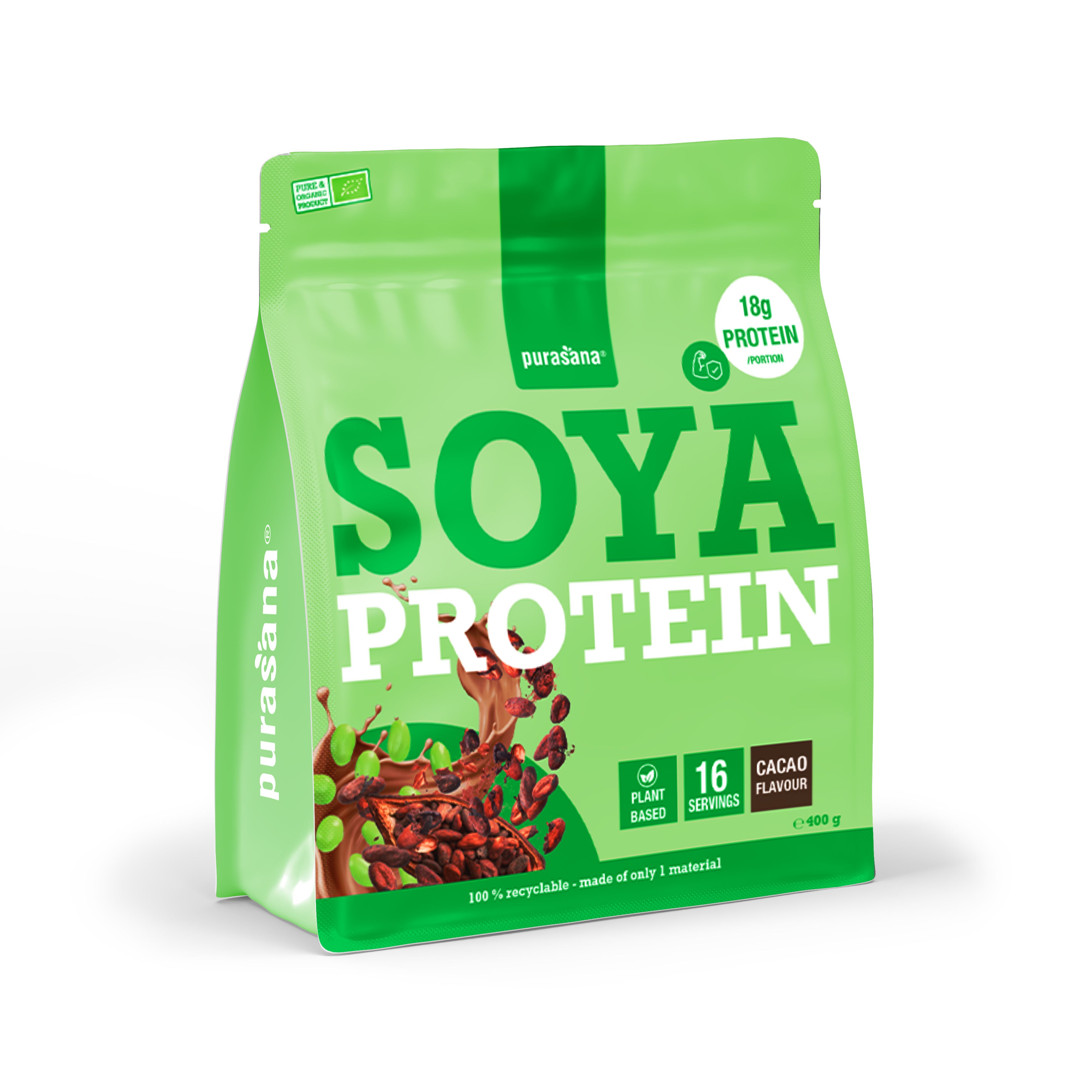 Purasana Soja Proteïne cacaosmaak in groene verpakking. 18g eiwit per portie.