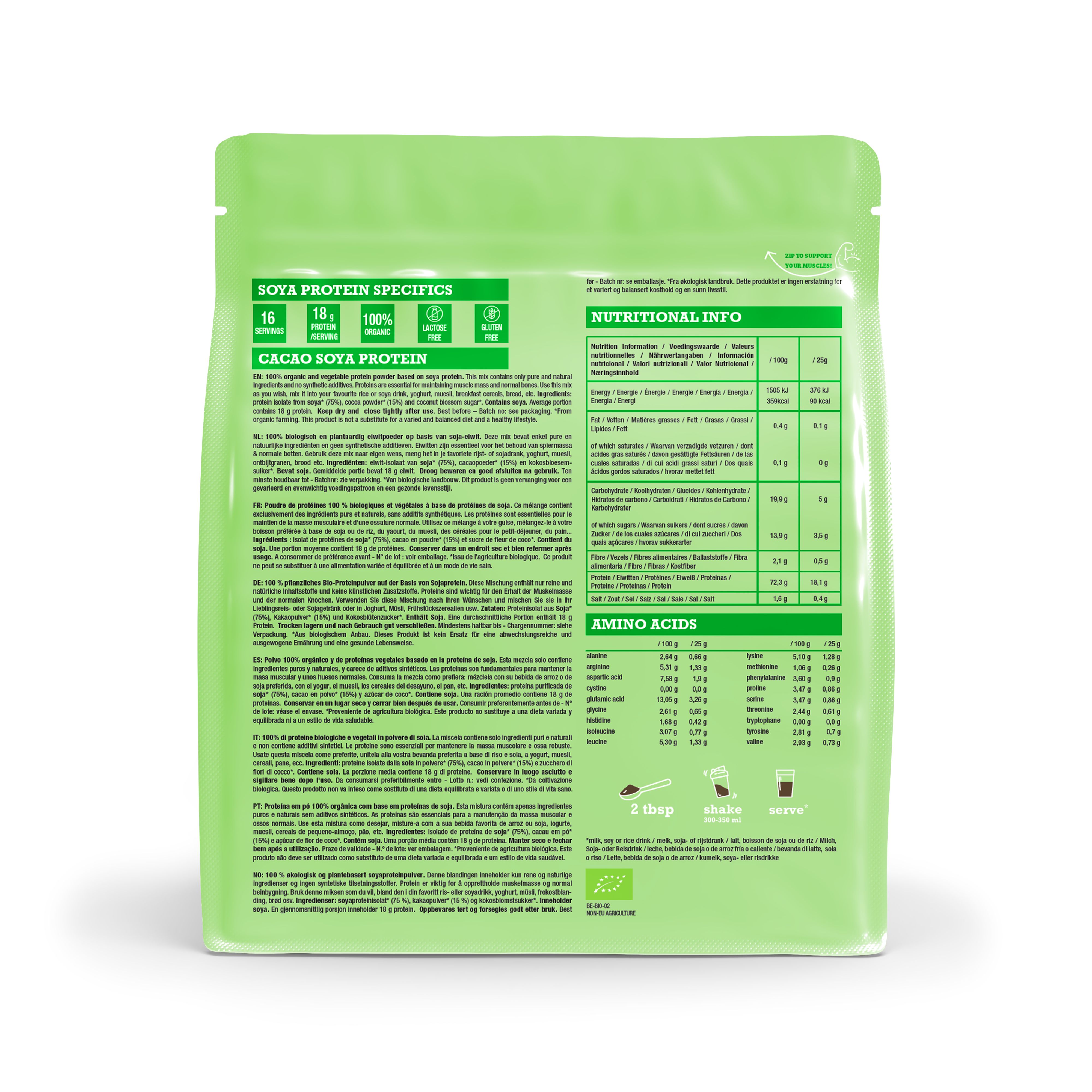Dos de l'emballage Purasana Soja Protein saveur Cacao avec informations nutritionnelles et profil d'acides aminés.