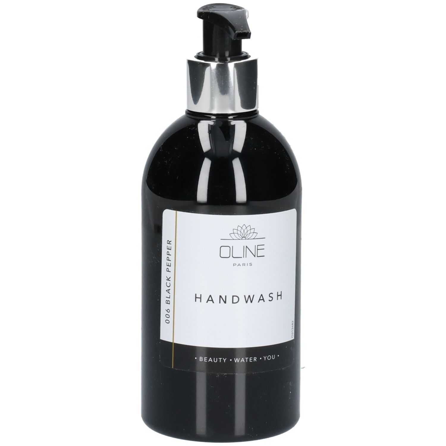 Flacon de lavage des mains noir avec pompe argentée. Étiquette blanche avec nom et logo du produit. Texte: Handwash, Oline Paris.