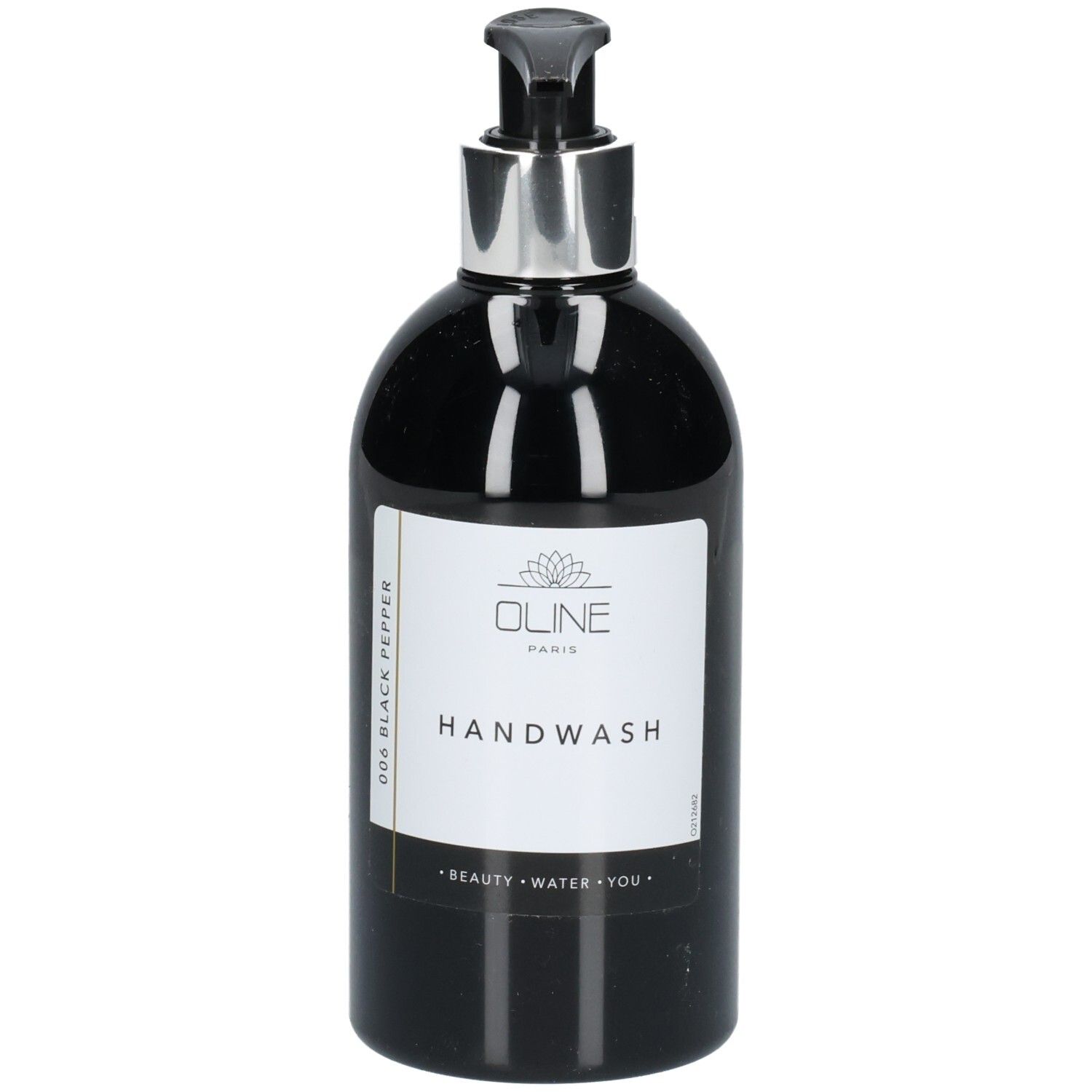 Flacon de lavage des mains noir avec pompe argentée. Étiquette blanche avec nom et logo du produit. Texte: Handwash, Oline Paris.