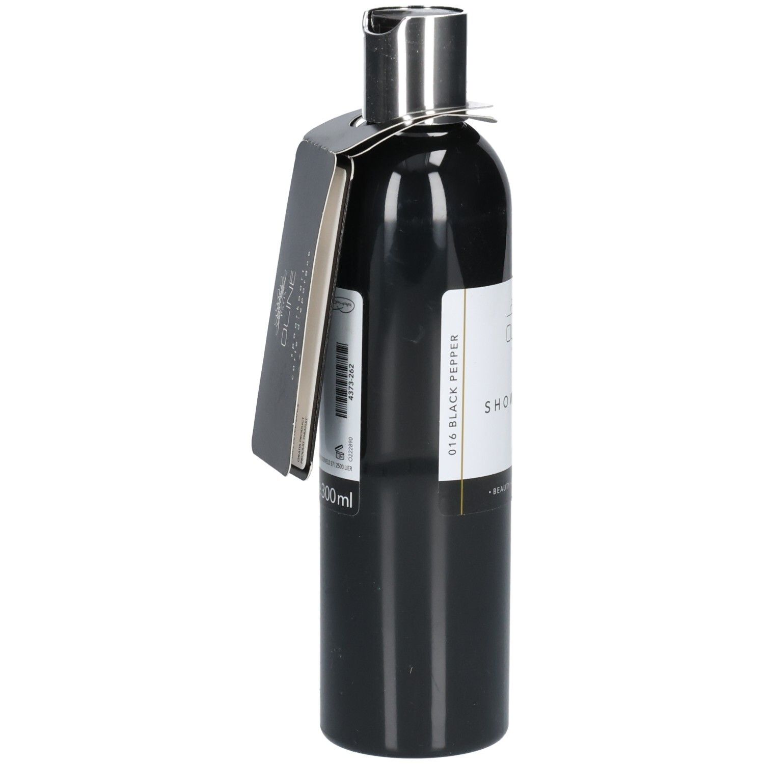 Zwarte douchegelfles met zilveren dop en etiket. Oline Paris, Showergel, Black Pepper. 300ml.