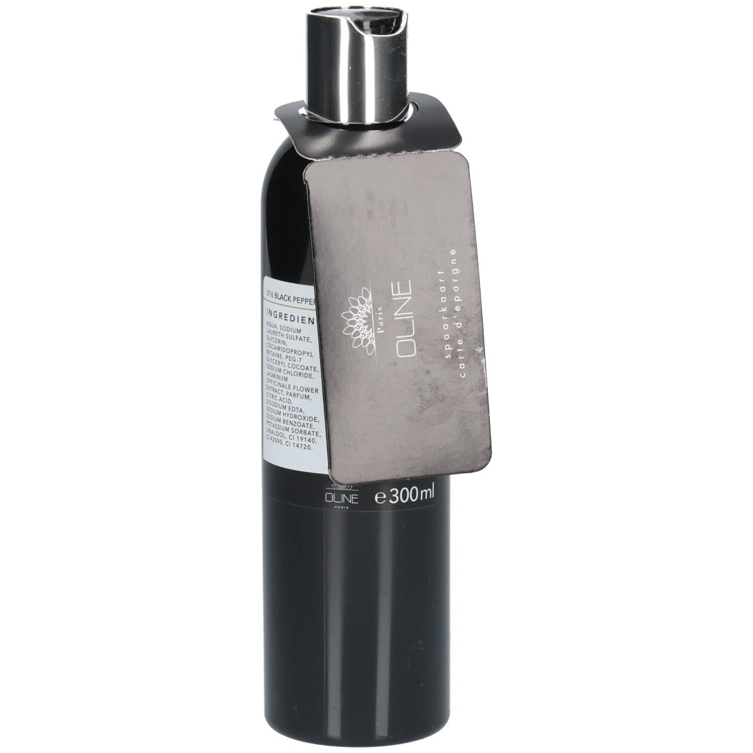 Zwarte douchegelfles met zilveren dop en etiket. Oline Paris, Showergel, Black Pepper. 300ml.