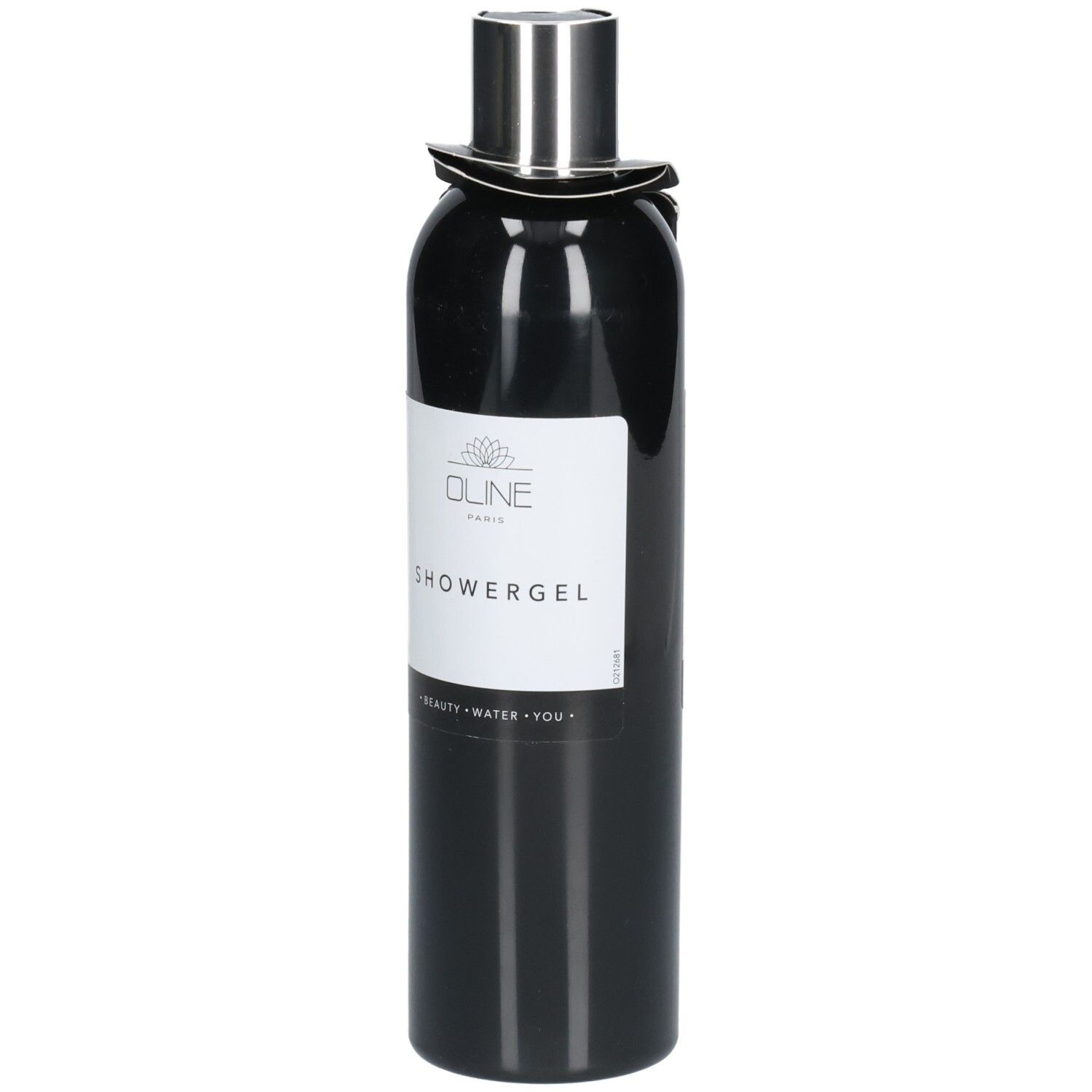 Zwarte douchegelfles met zilveren dop en etiket. Oline Paris, Showergel. Label.