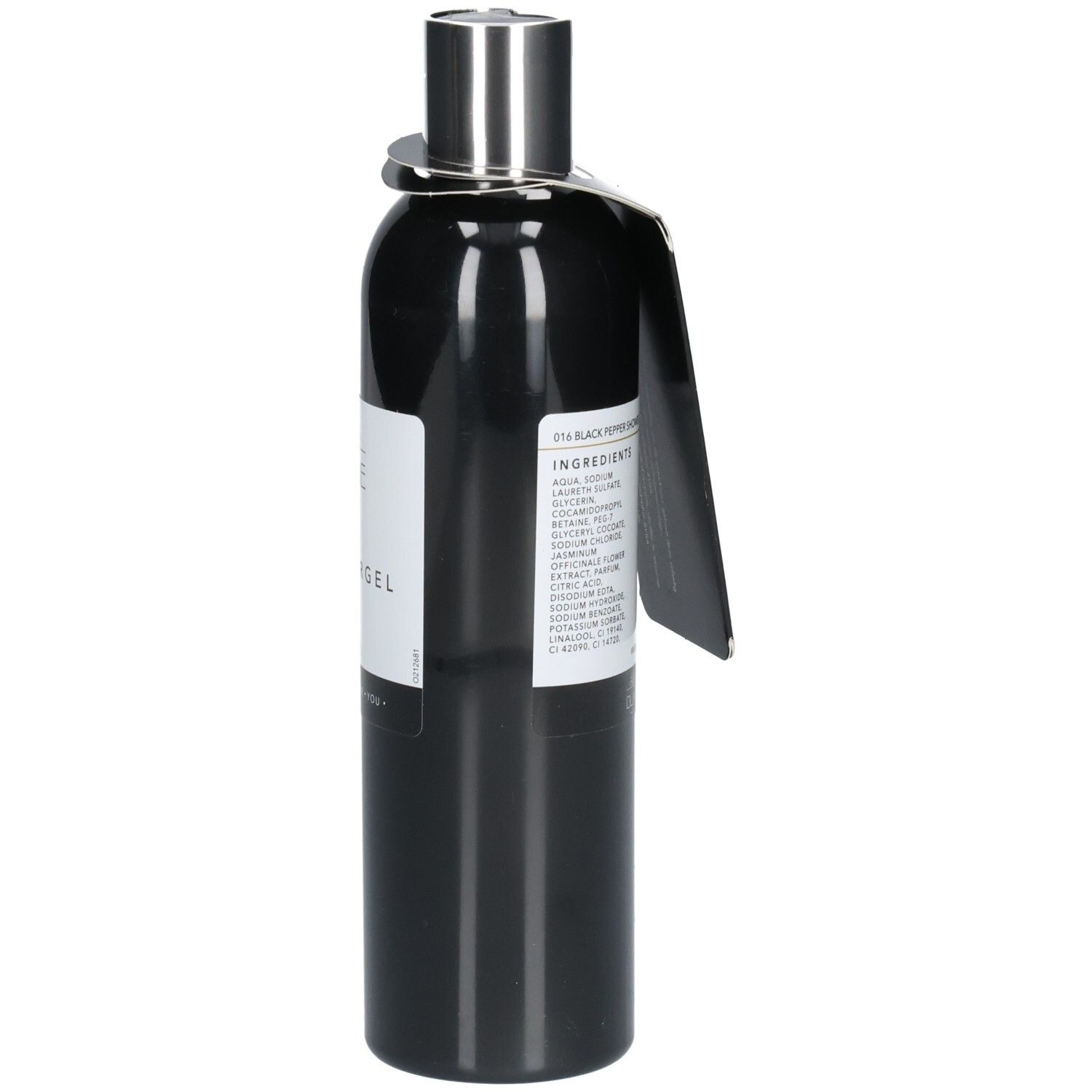 Zwarte douchegelfles met zilveren dop en etiket. Oline Paris, Showergel. Ingrediënten.