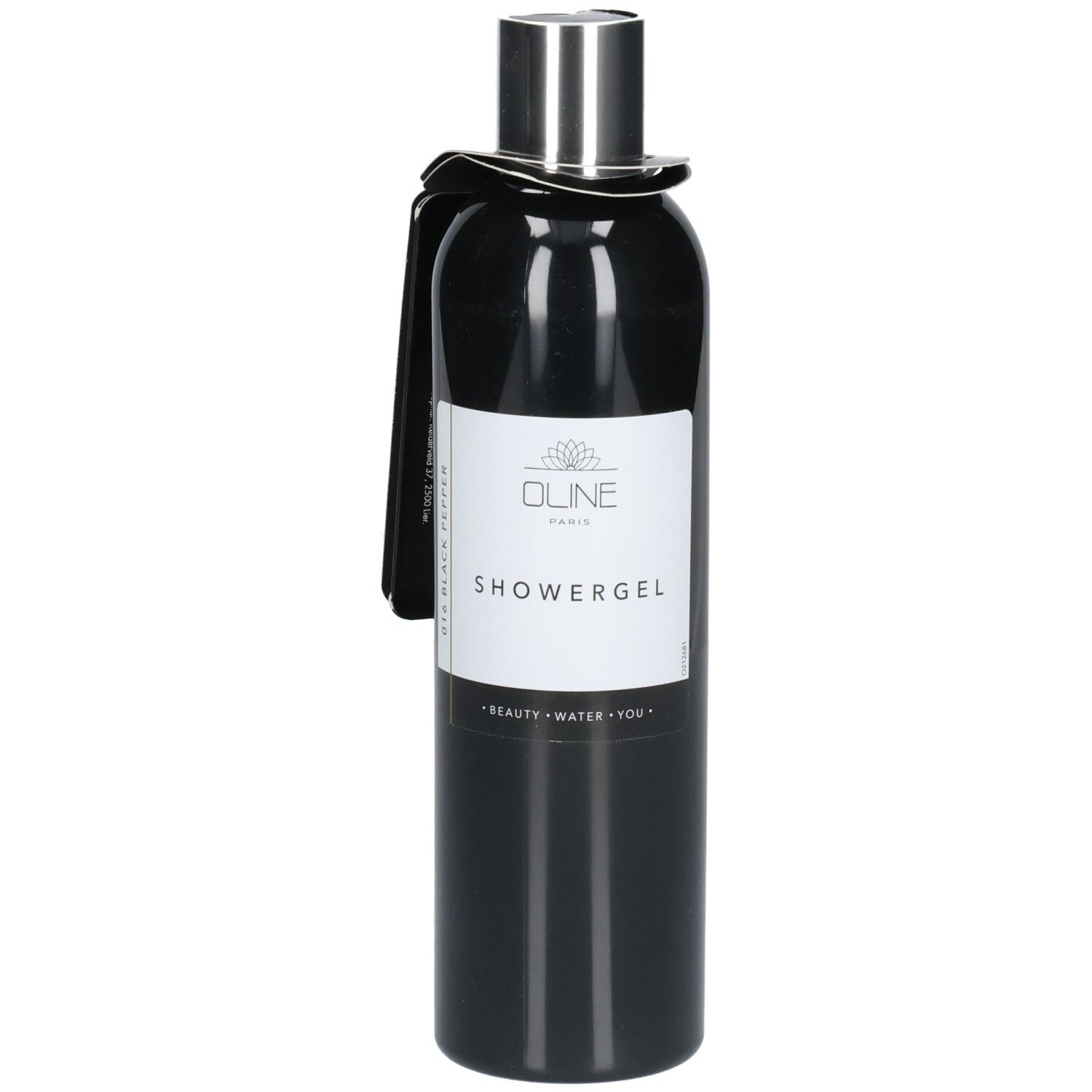 Zwarte douchegelfles met zilveren dop en etiket. Oline Paris, Showergel, Black Pepper. Label.