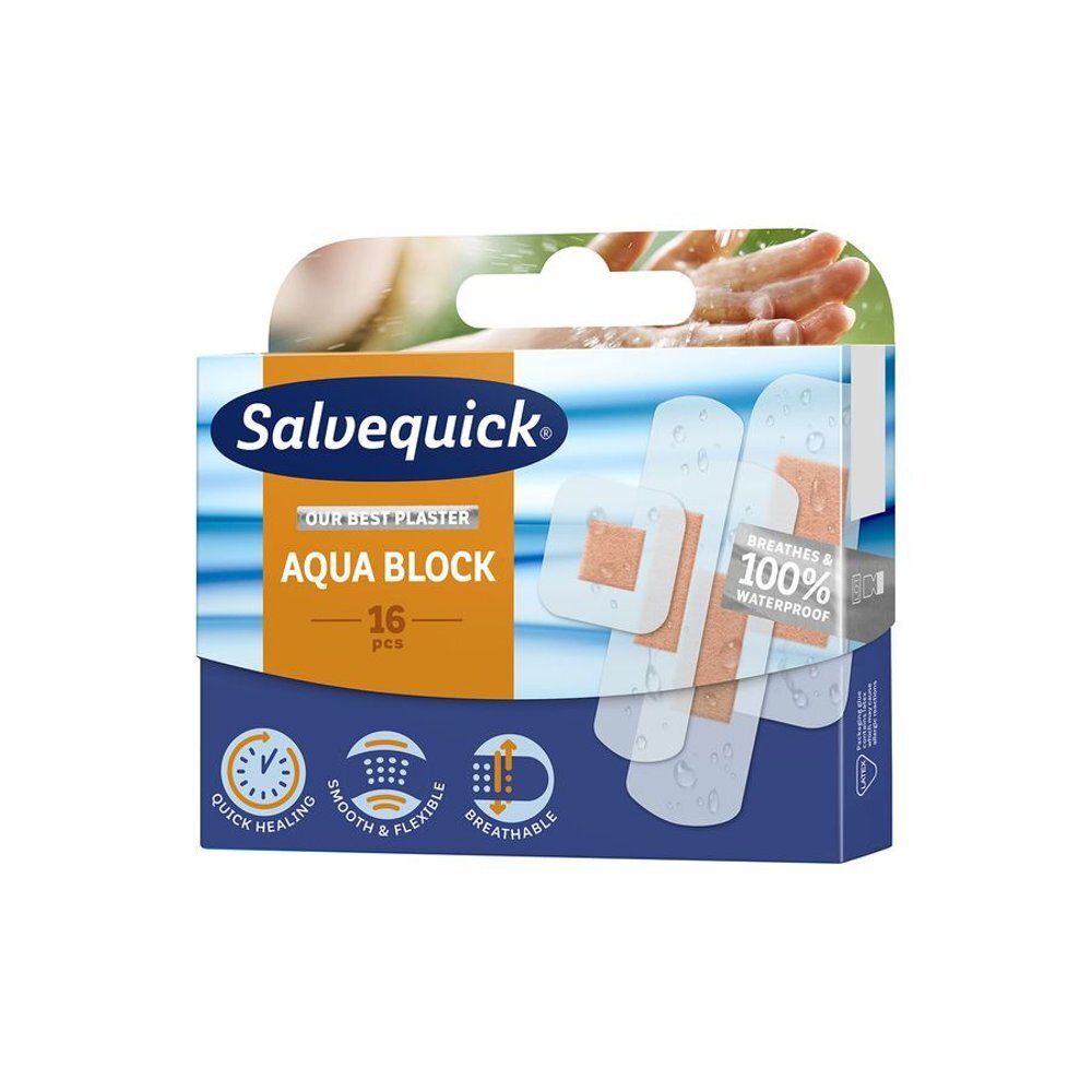 Salvequick Aqua Block pleisterdoos met 16 waterdichte pleisters.