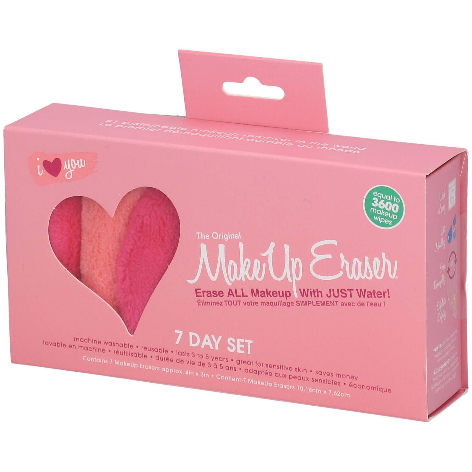 Roze doos met hartvormige uitsparing. Bevat 3 make-up remover doekjes. Tekst: Make Up Eraser, 7 Day Set.