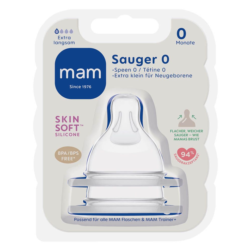Tétine MAM Taille 0, silicone, sans BPA/BPS, SkinSoft, extra petite pour nouveau-nés.