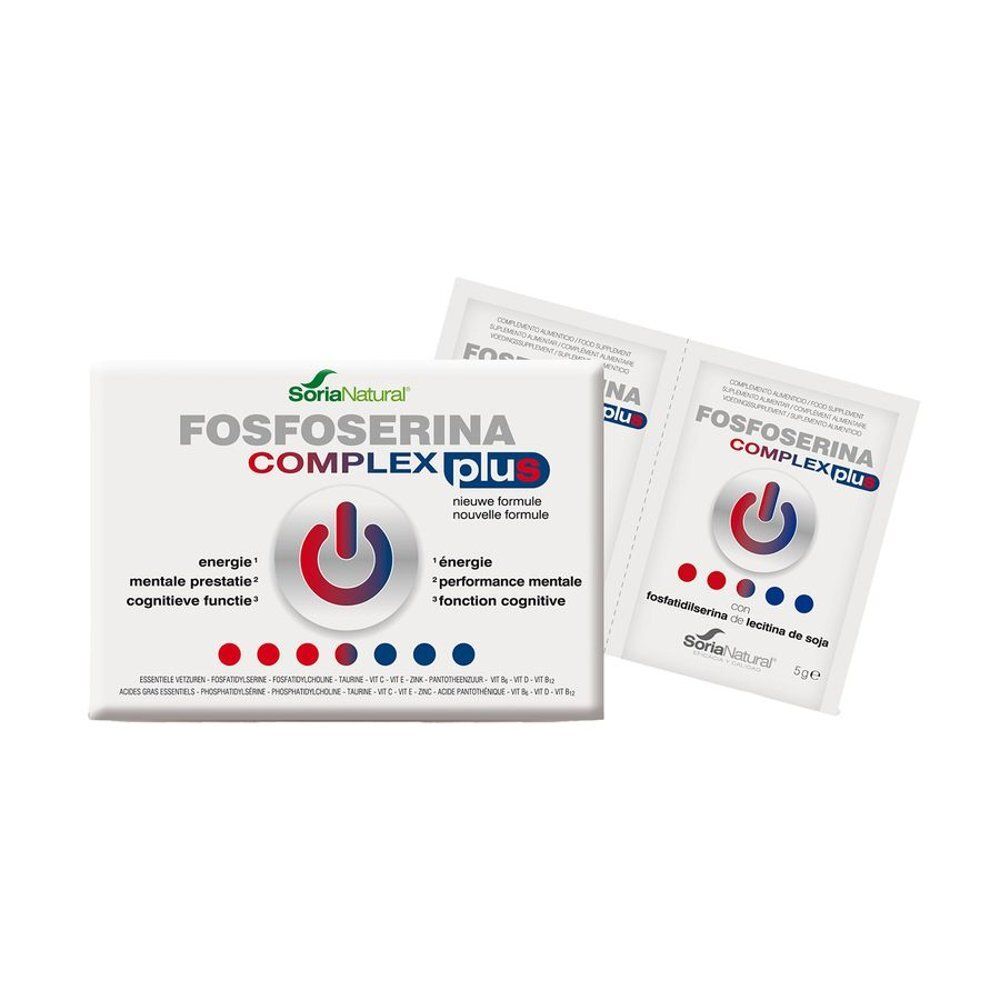 Doos en zakjes met de tekst FOSFOSERINA COMPLEX plus. Logo met rode en blauwe cirkel en wit symbool.