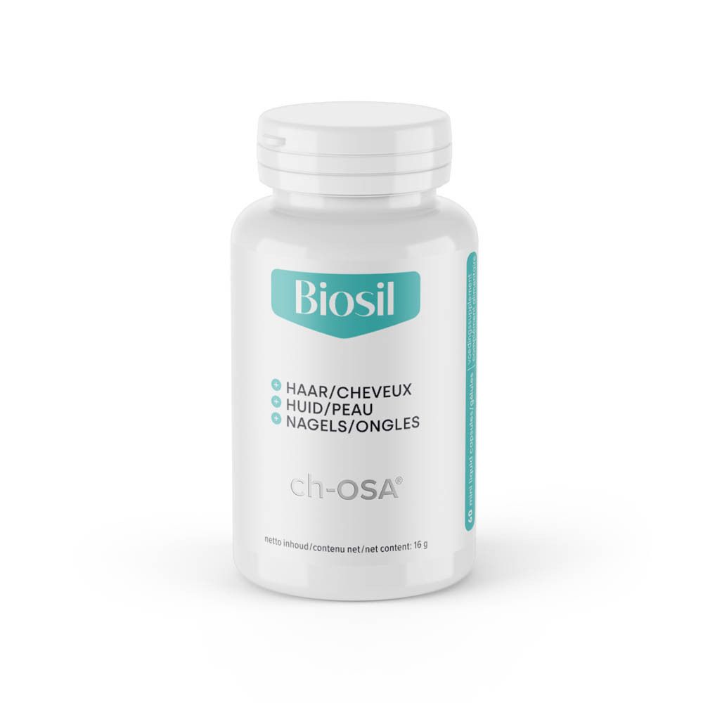 Productverpakking met fles en doos. Opschrift: Biosil, Collagen Generator, ch-OSA, 60 liquid capsules.