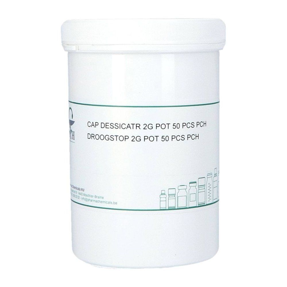 Witte cilindrische pot met deksel. Opschrift: CAP DESSICATR 2G POT 50 PCS PCH. Droogstop 2G POT 50 PCS PCH.