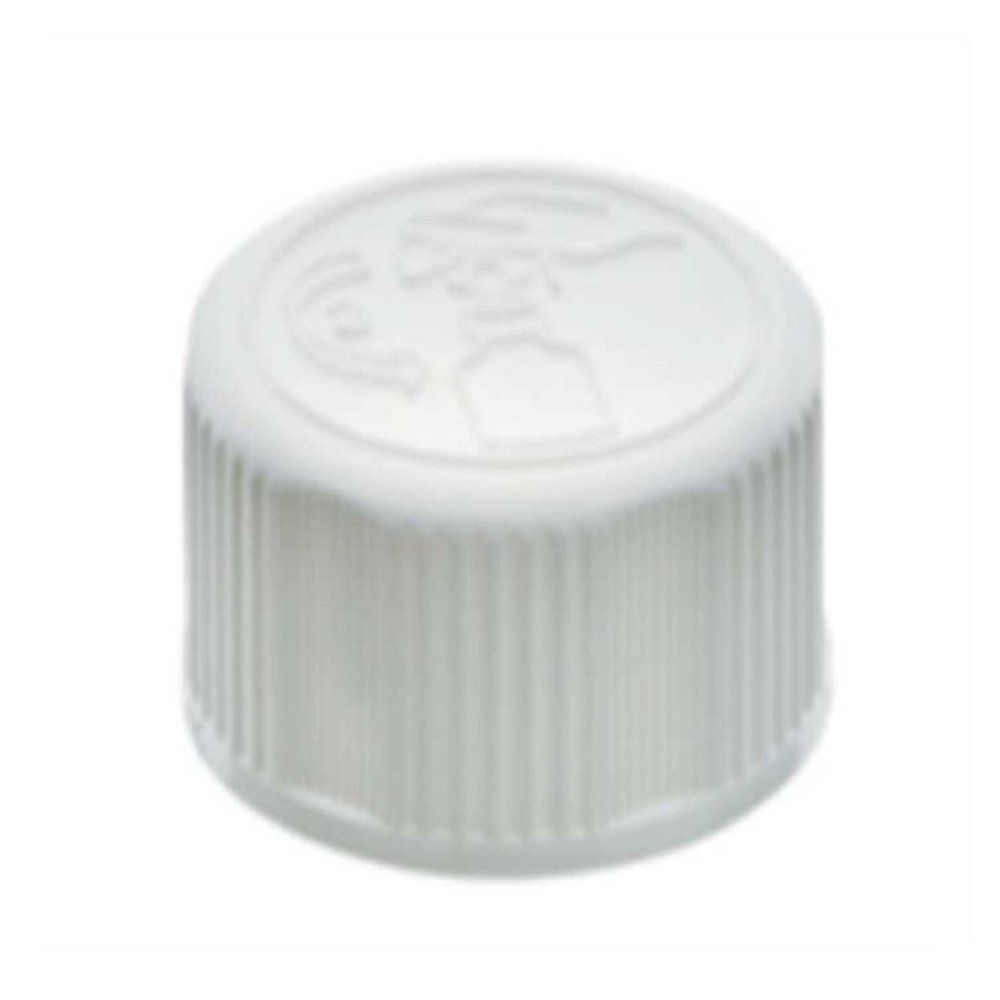Witte plastic dop met geribbelde zijkant en kindveilige markering op de bovenkant.