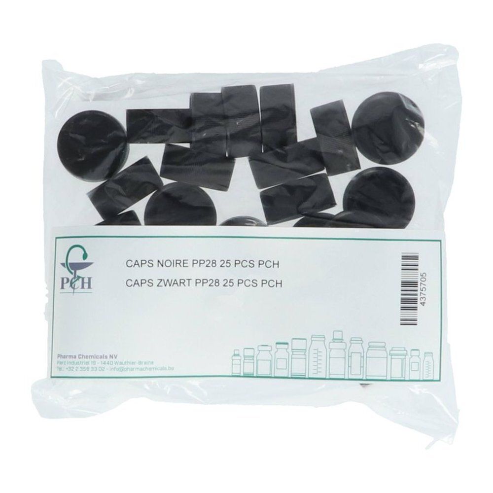 Sachet de bouchons noirs de formes variées. Étiquette: Caps Noire PP28.